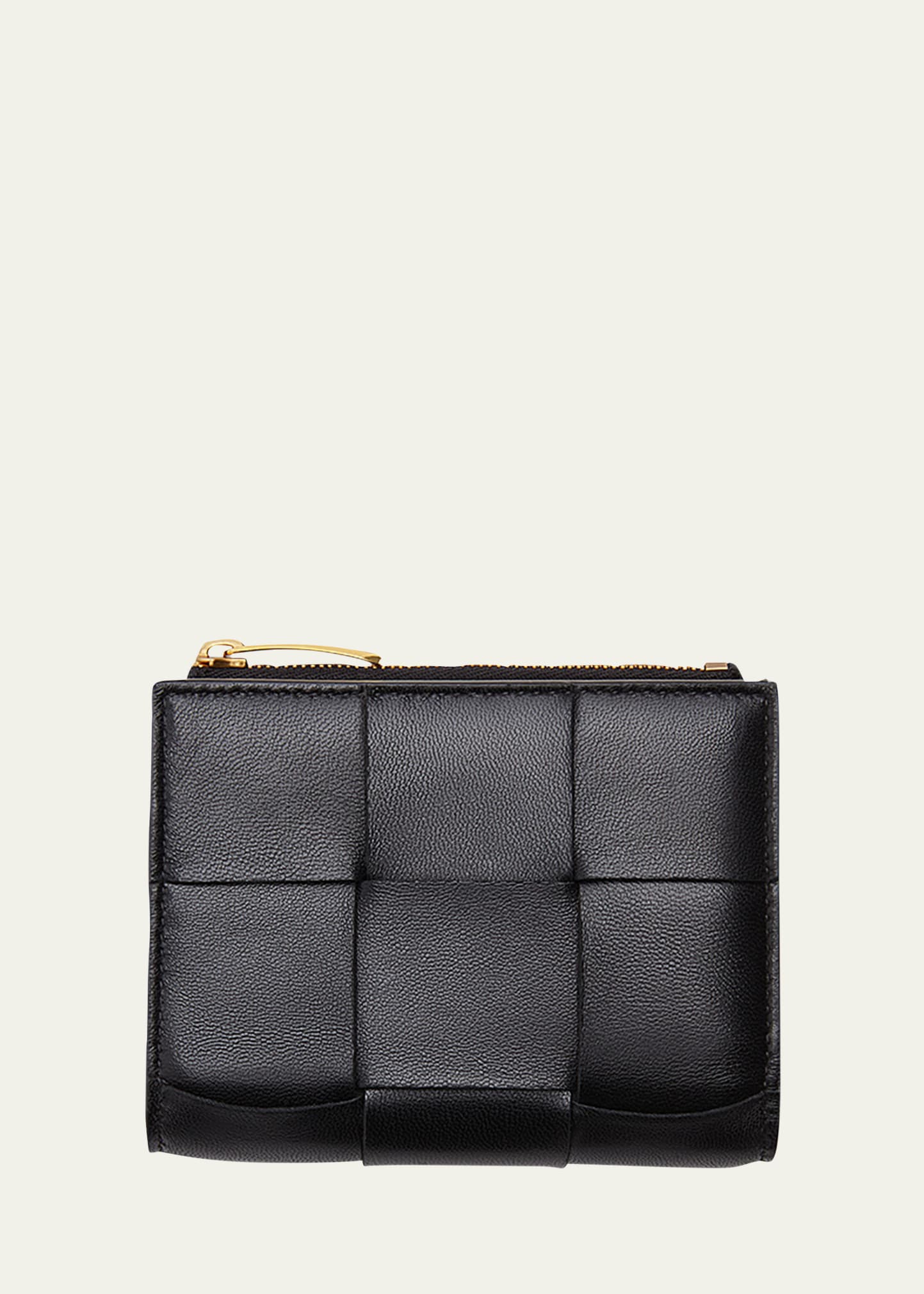 Bottega Veneta Cassette Intrecciato-leather Bi-fold Wallet In Black/gold