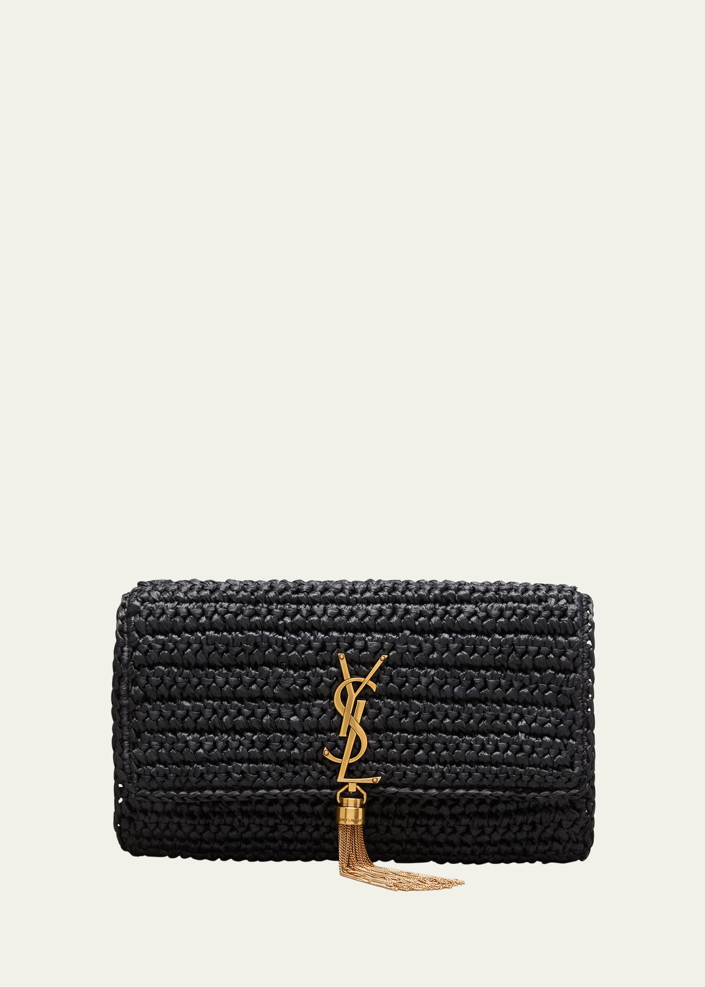Shop Saint Laurent Kate 99 Ysl Tassel Shoulder Bag In Raffia In Black