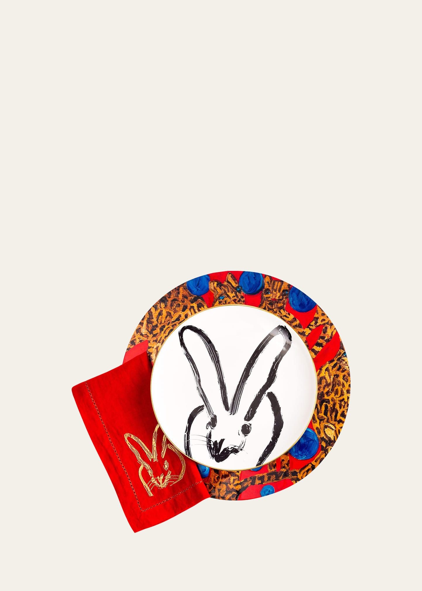 Painted Bunny Embroidered Linen Dinner Napkin, Red with Gold, Set