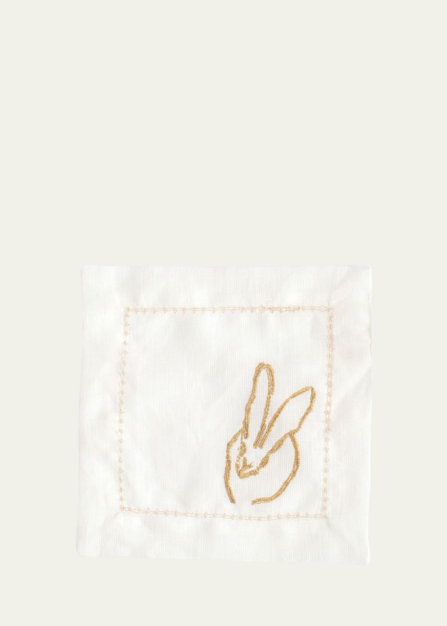Hunt Slonem Embroidered Bunny Linen Cocktail Napkins, Set Of 6 In White/gold
