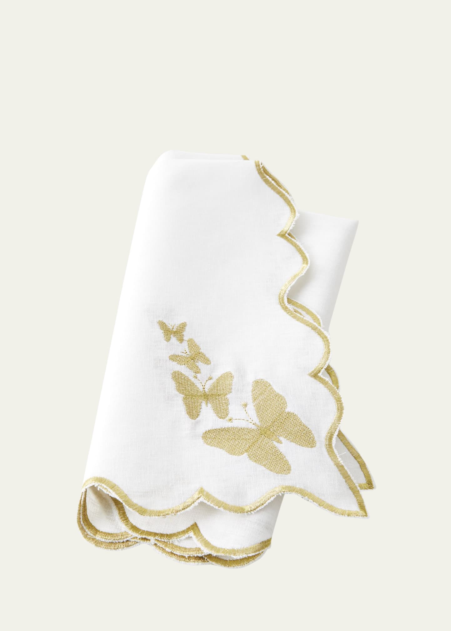 White Linen Butterfly Gold Embroidery Napkin, 24"Sq.