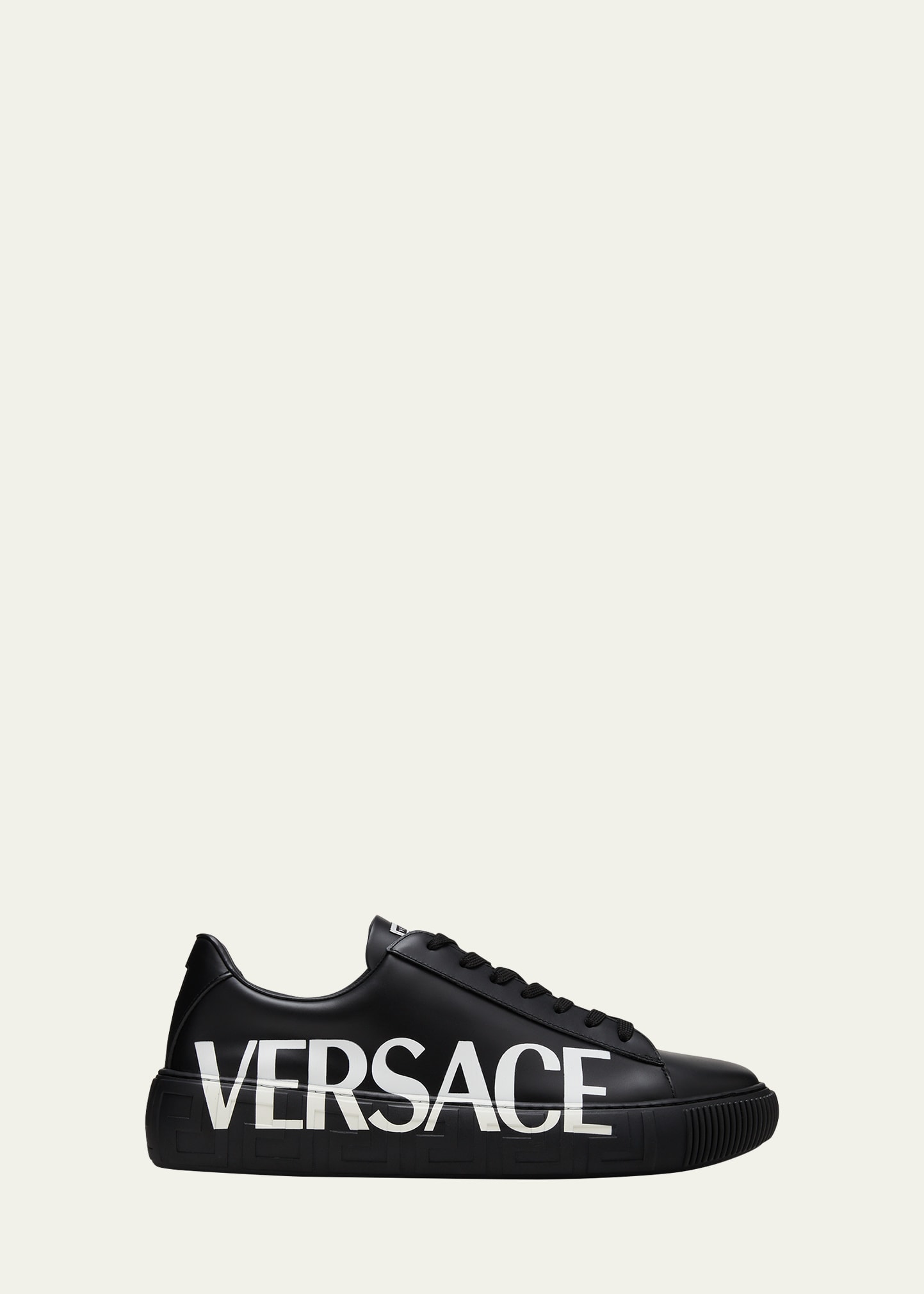 Shop Versace Men's Logo Leather Low-top Sneakers In Black/white