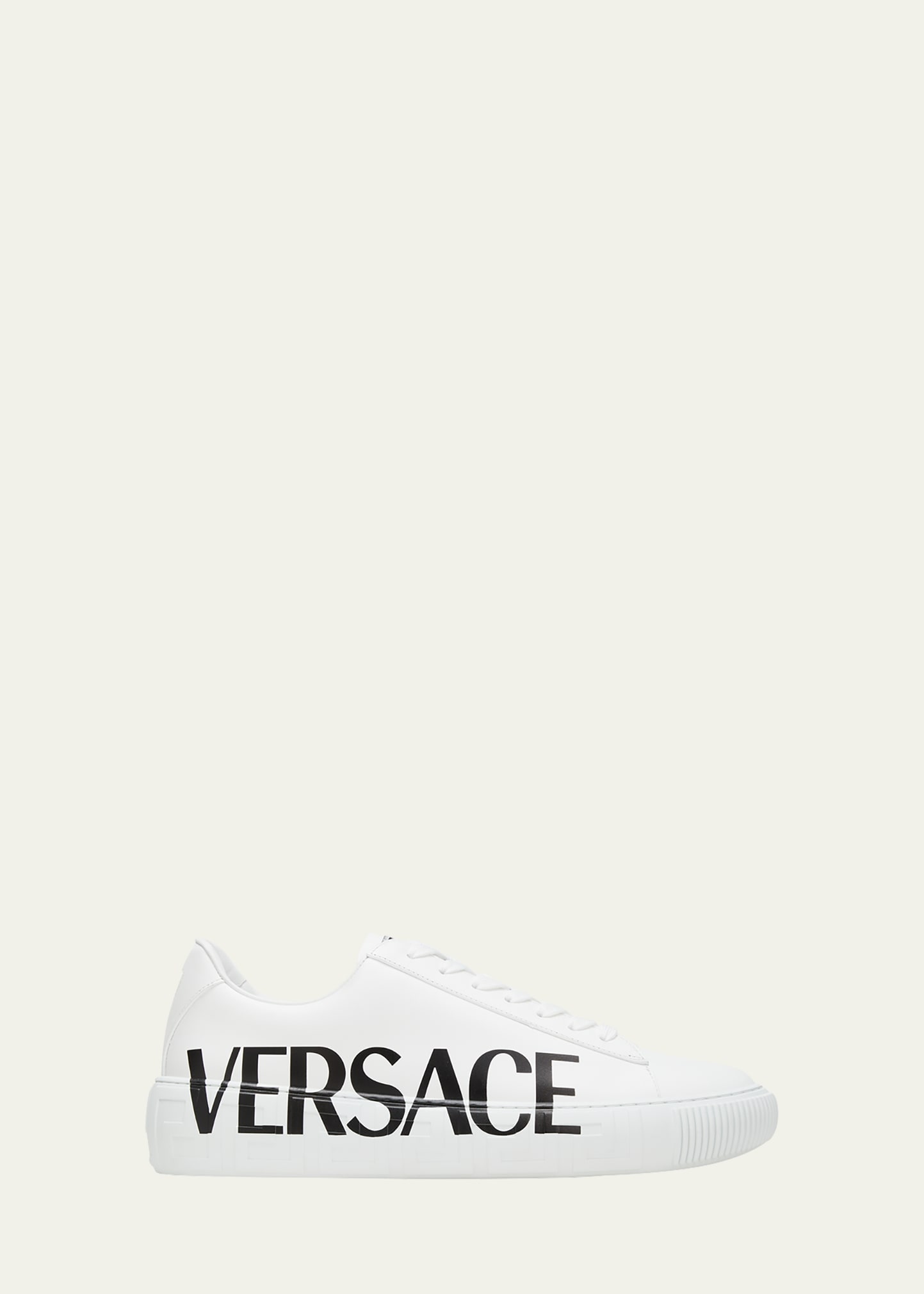 Shop Versace Men's Logo Leather Low-top Sneakers In White/black