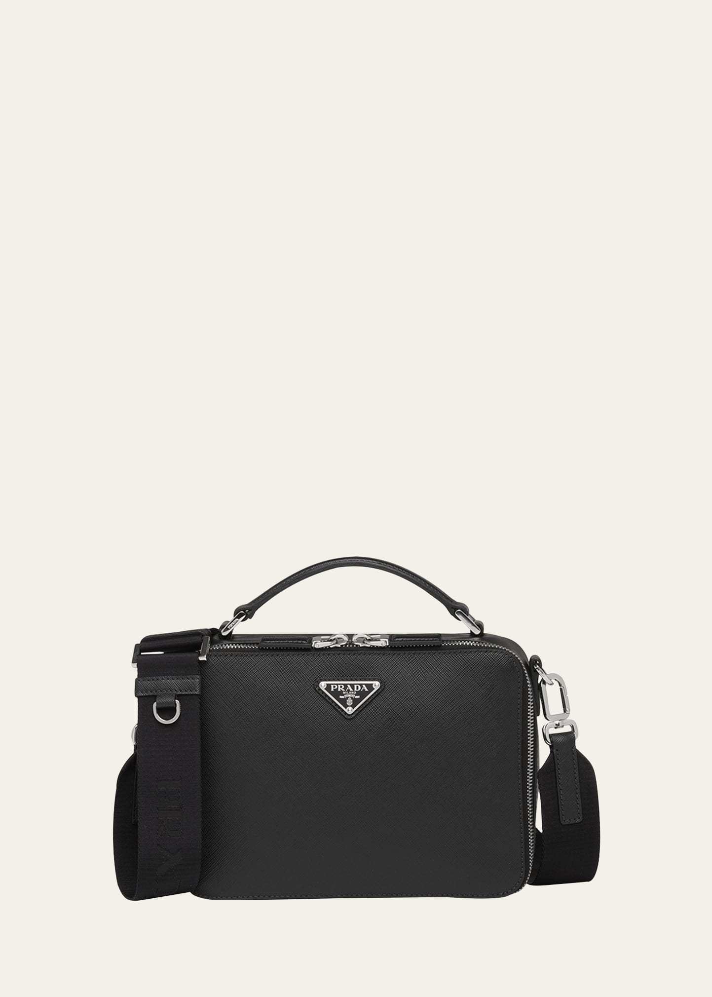 Shop Prada Men's Saffiano Leather Brique Crossbody Bag W/ Nylon Strap In Black
