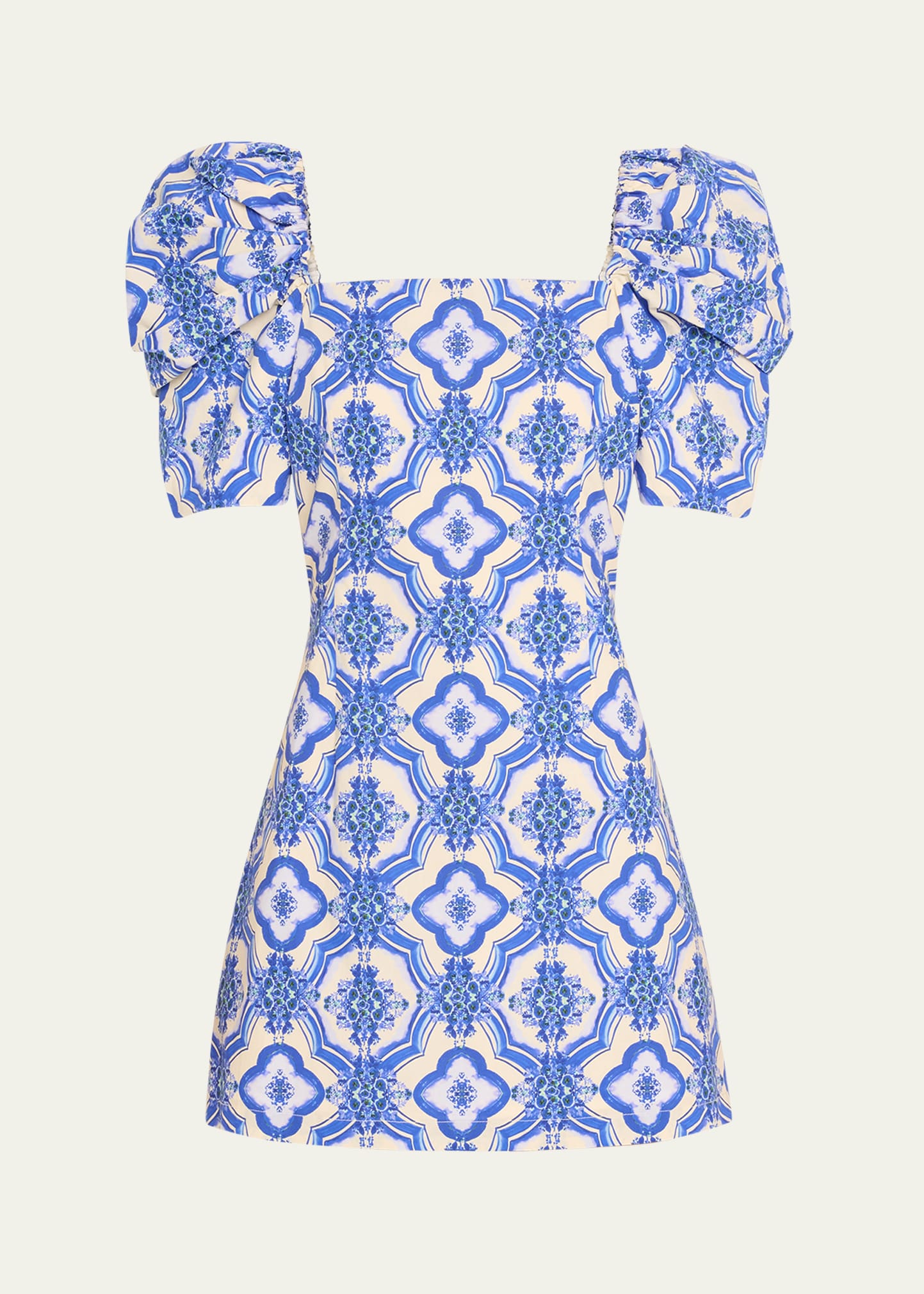 Kelly Blue Tile Print Puff-Sleeve Dress