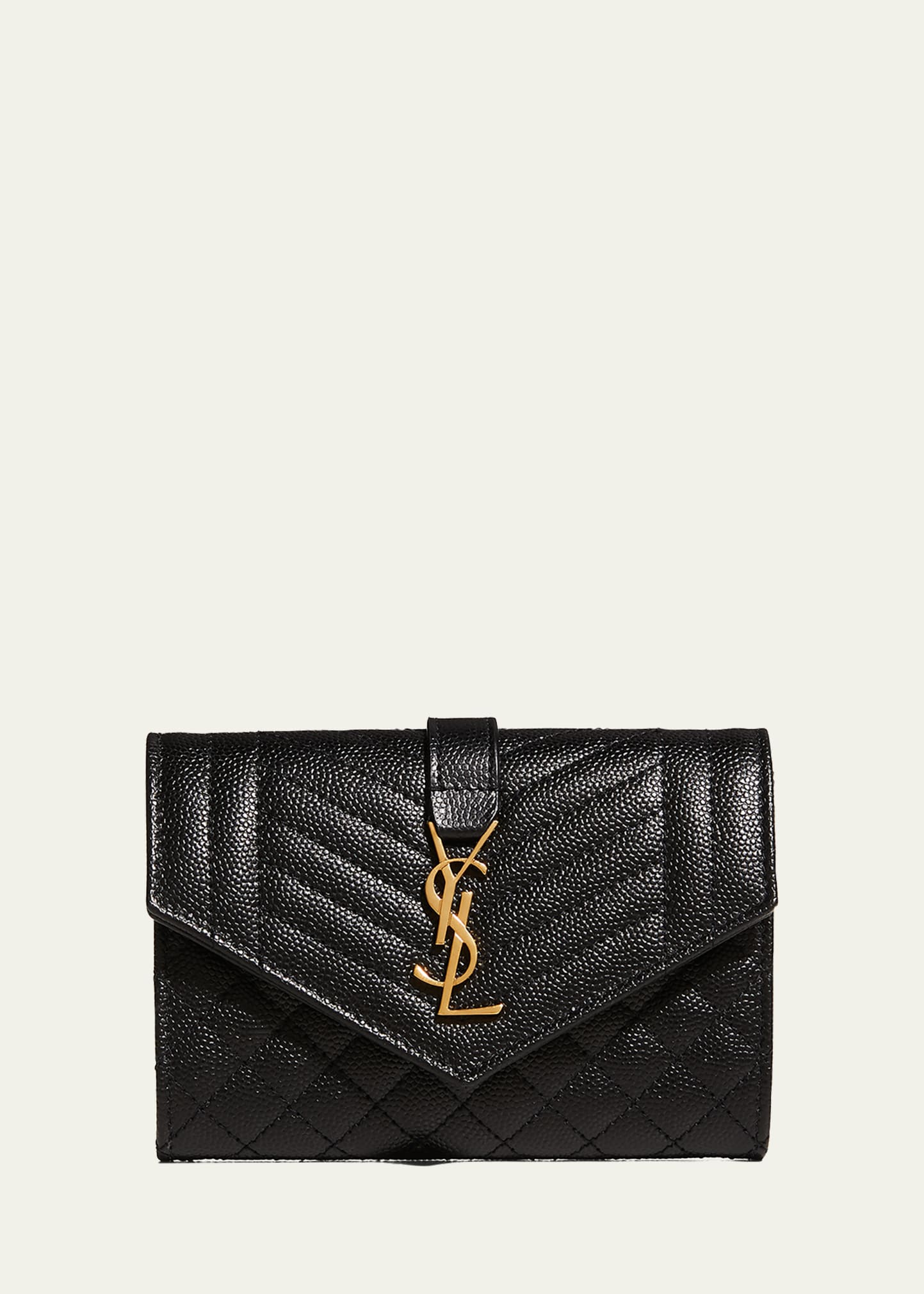 Shop Saint Laurent Envelope Small Ysl Flap Wallet In Grained Leather In Black