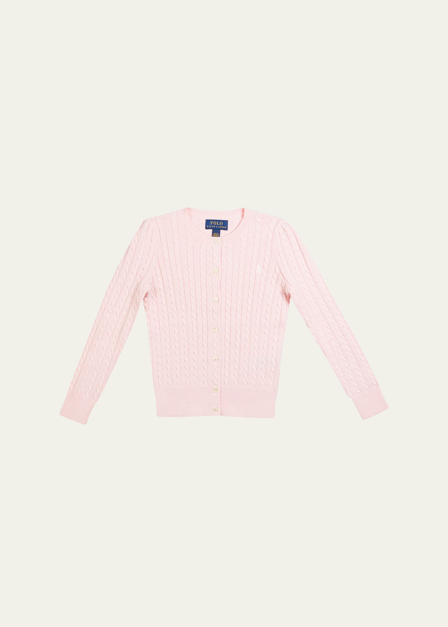 Ralph Lauren Kids' Girl's Cable-knit Cotton Ribbed Cardigan In Hint Of Pink