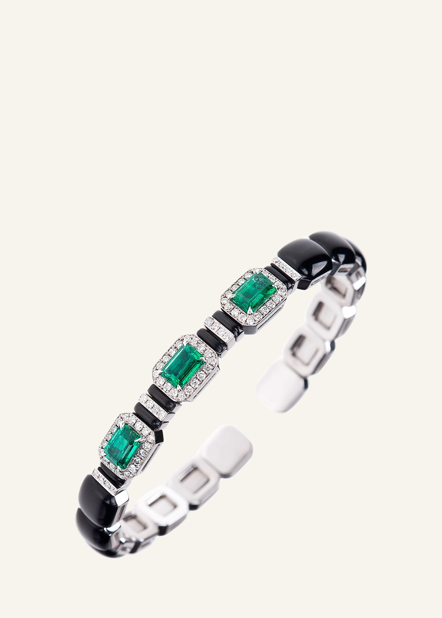 Nikos Koulis Oui 3-emerald & Diamond Cuff In 18k White Gold/enamel In Wg