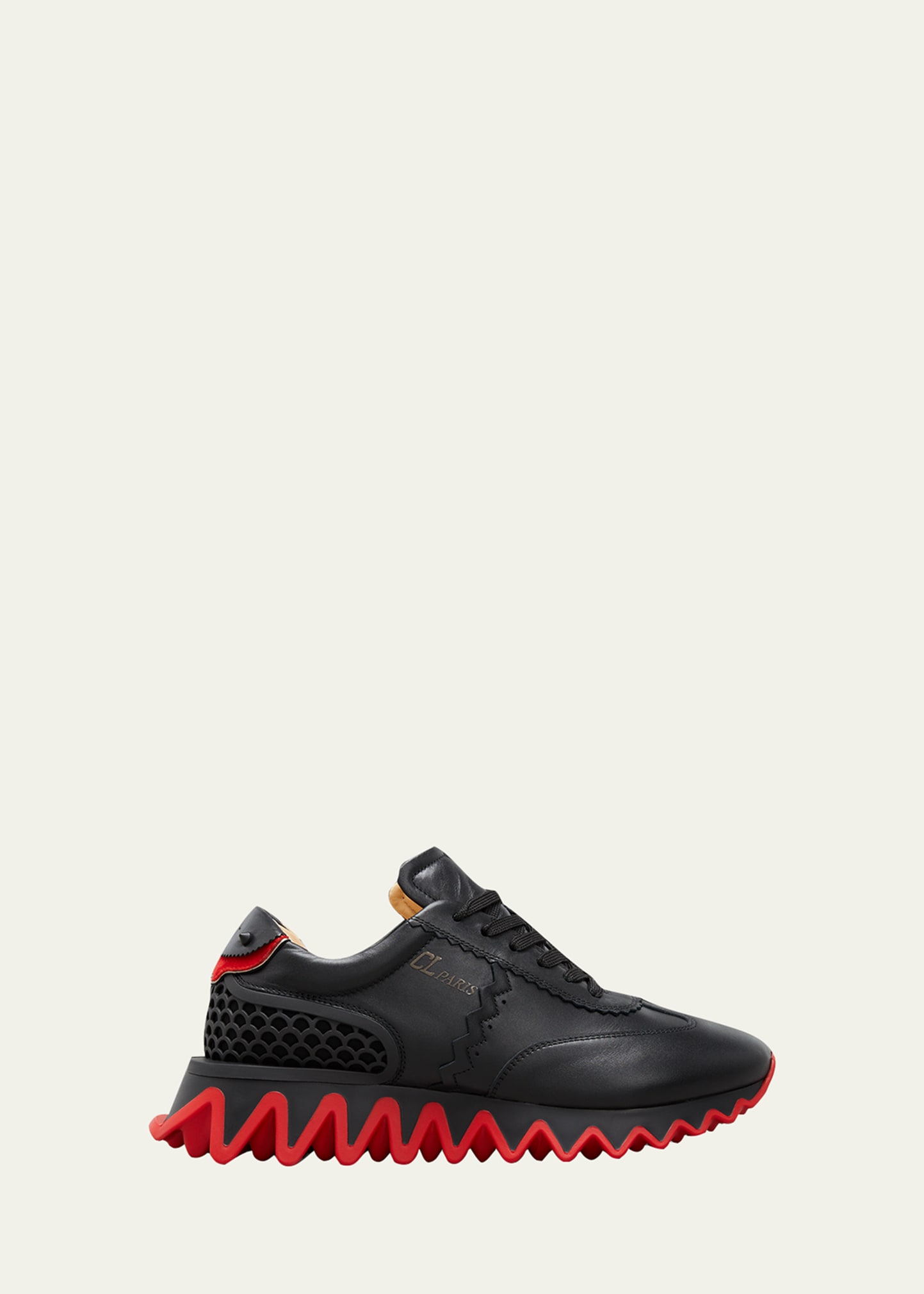 Shop Christian Louboutin Men's Loubishark Flat Leather Red-sole Runner Sneakers In Black Loubi Red