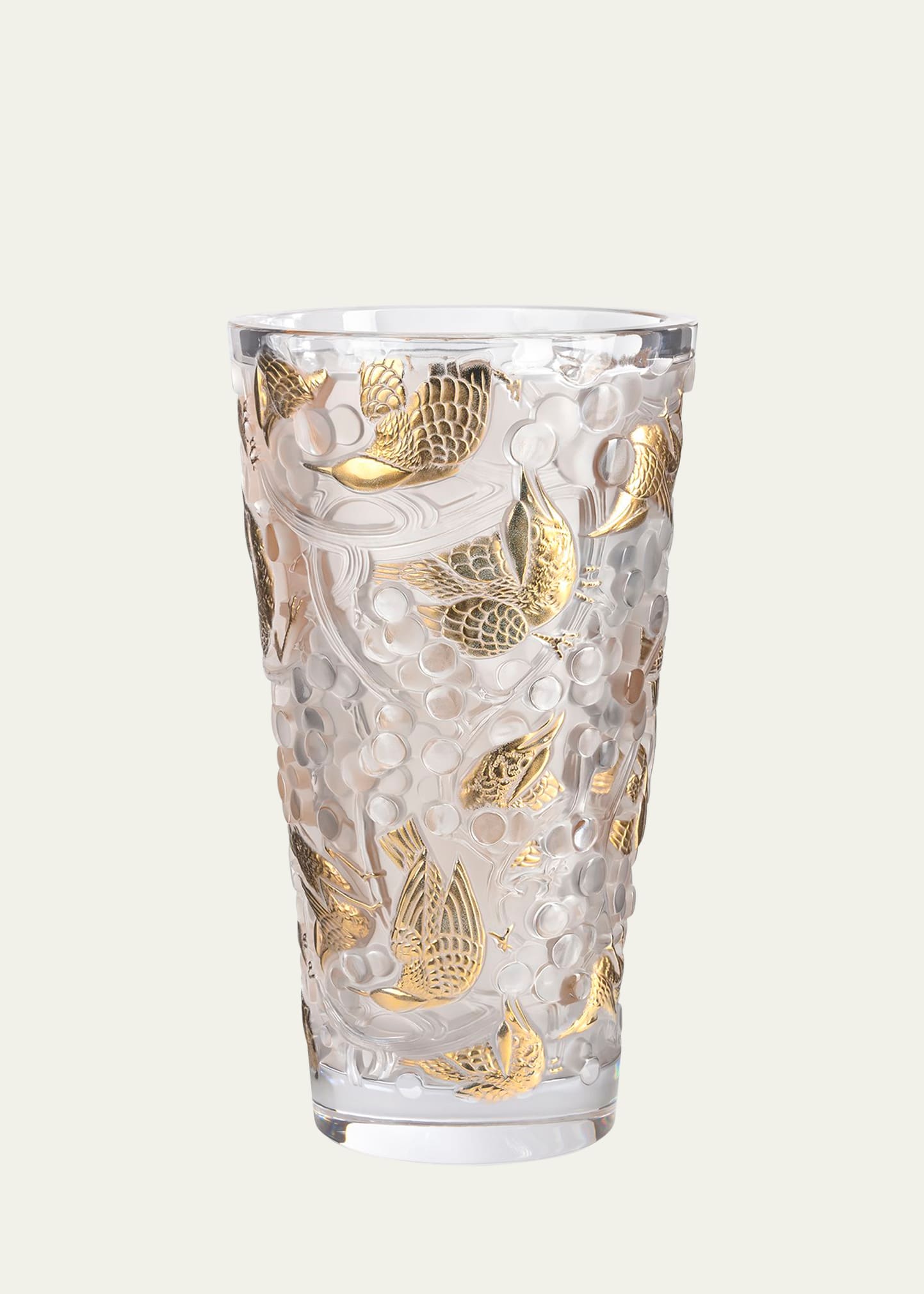 Lalique Large Gold Stamped Merles & Raisins Vase In Clear Gold