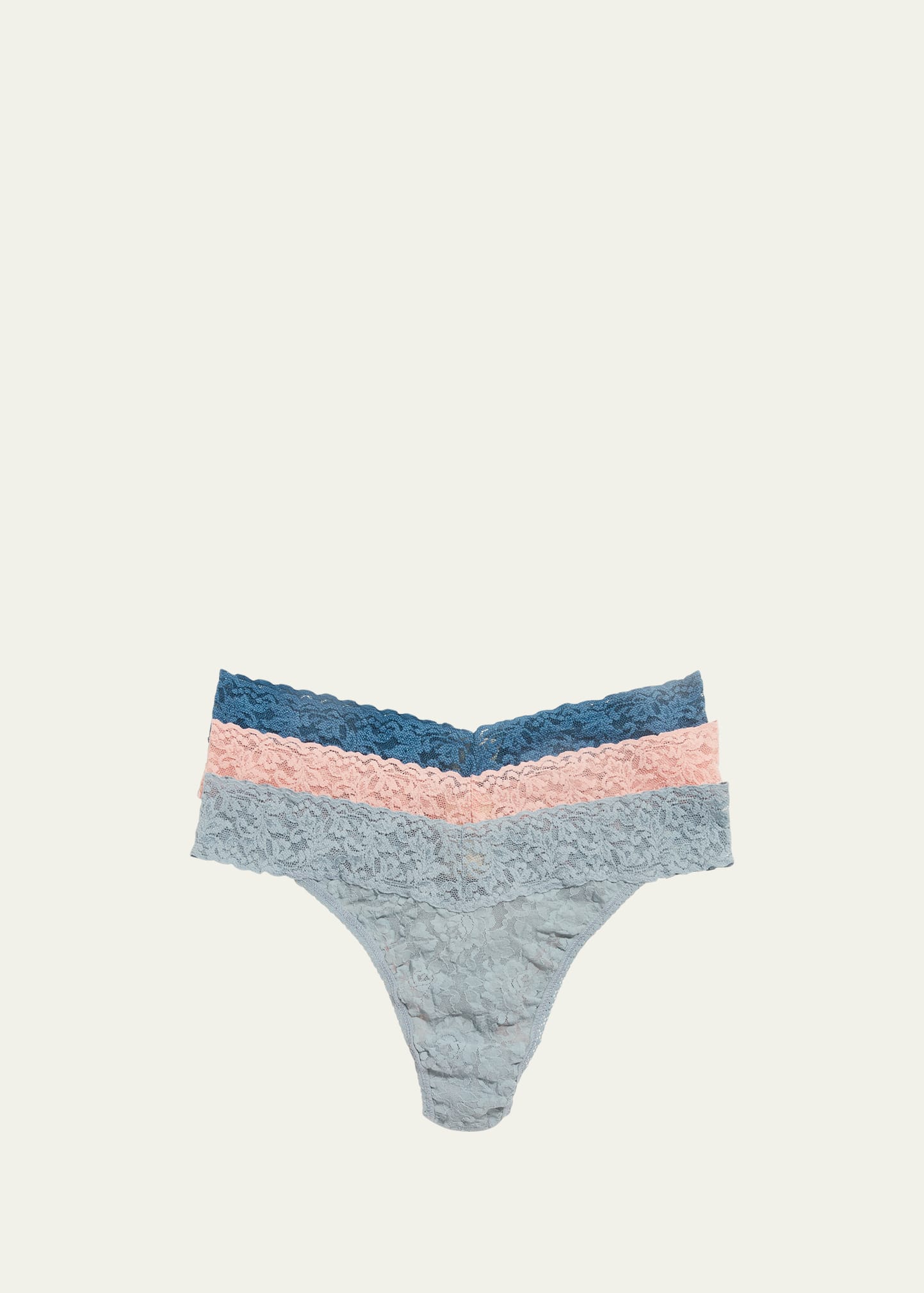 Hanky Panky 3-pack Original-rise Multicolor Lace Thongs In Sarg/rspk/stcb