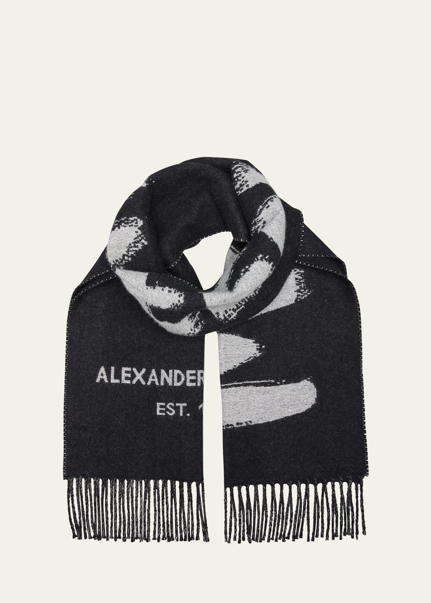 Alexander Mcqueen Graffiti Logo Wool Scarf In Black / White