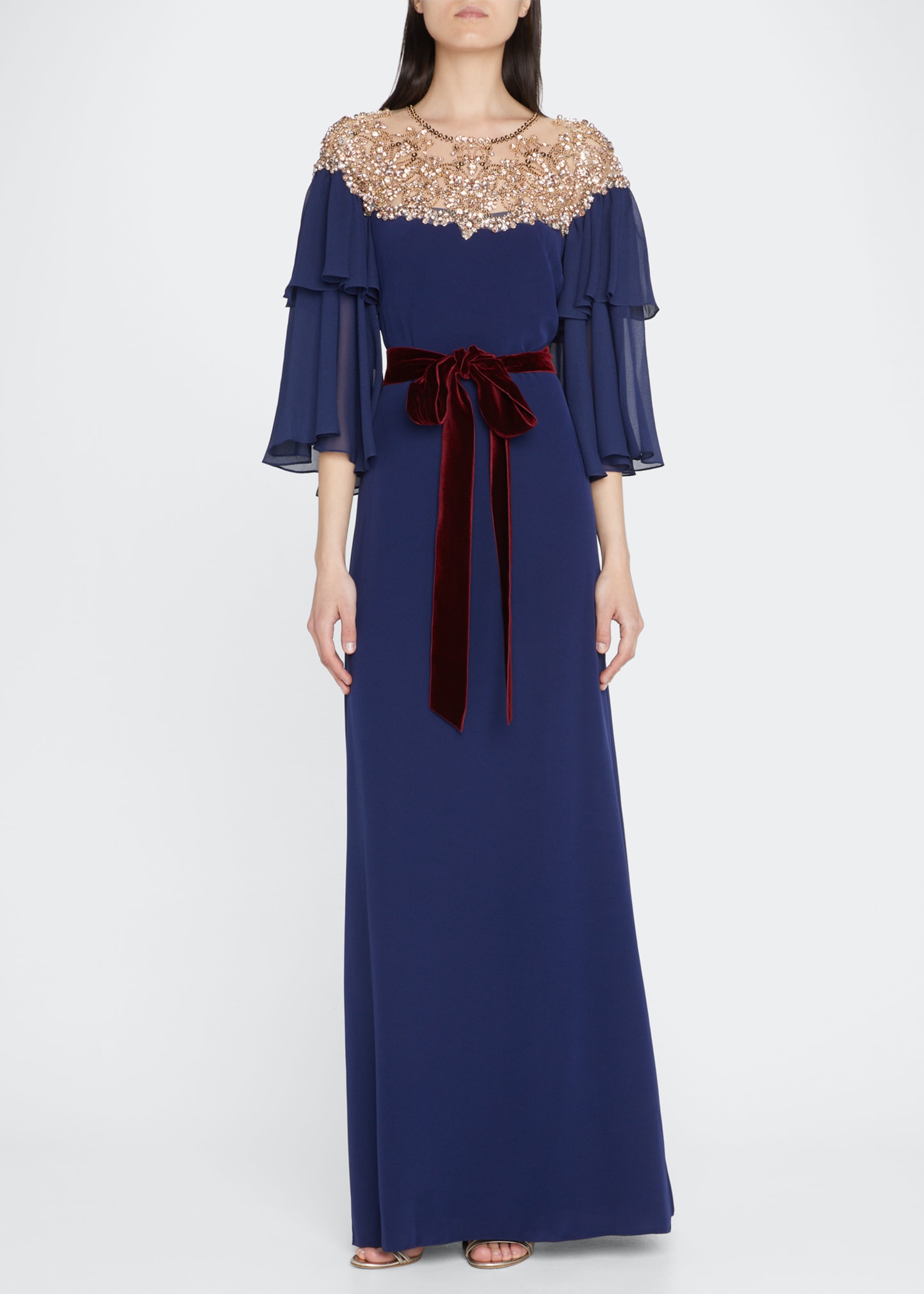 Crystal-Embellished Tiered-Sleeve Belted Gown