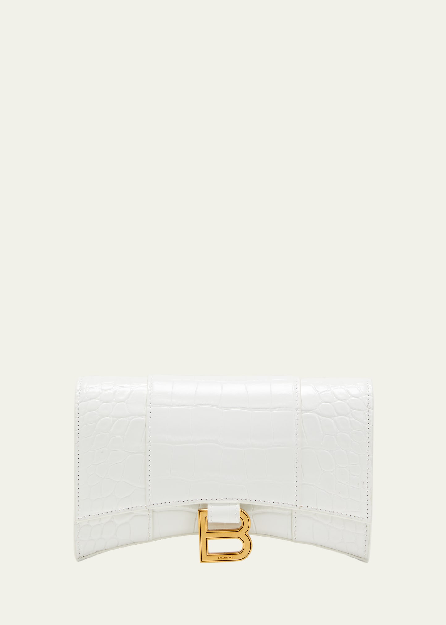 Shop Balenciaga Hourglass Shiny Mock-croc Chain Wallet In Optic White