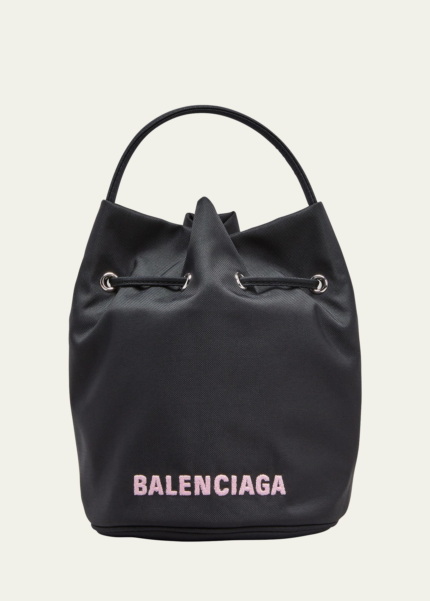 Balenciaga Wheel Xs Logo Drawstring Bucket Bag In Black/candy Pink
