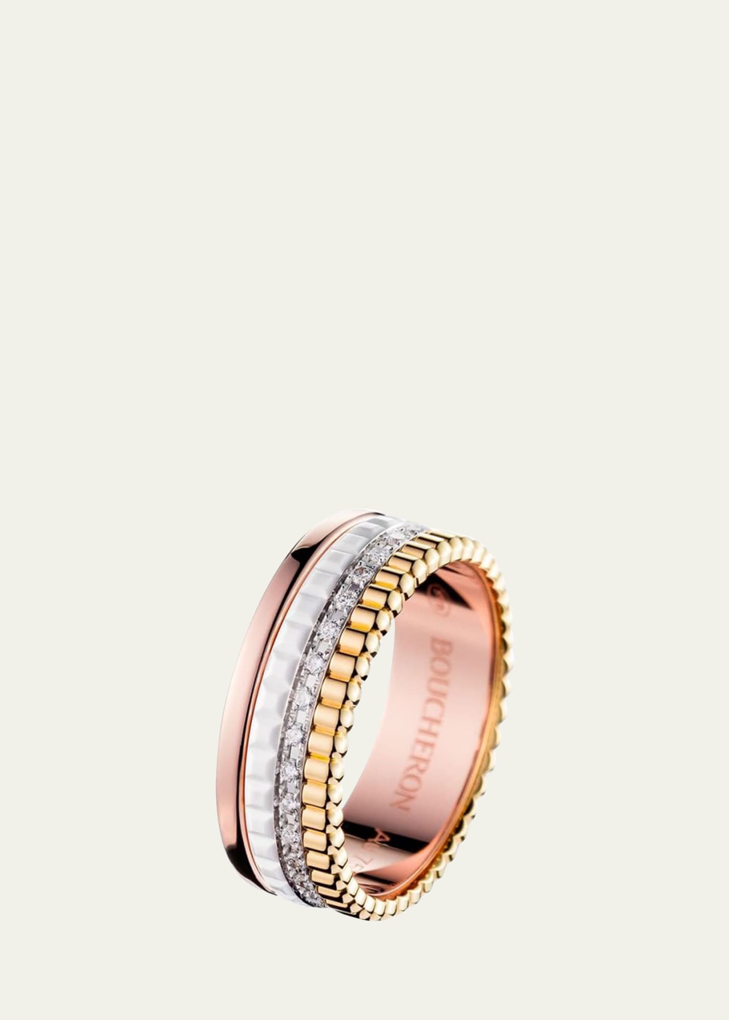 Quatre Small Ring in Tricolor Gold with White Ceramic and Diamonds