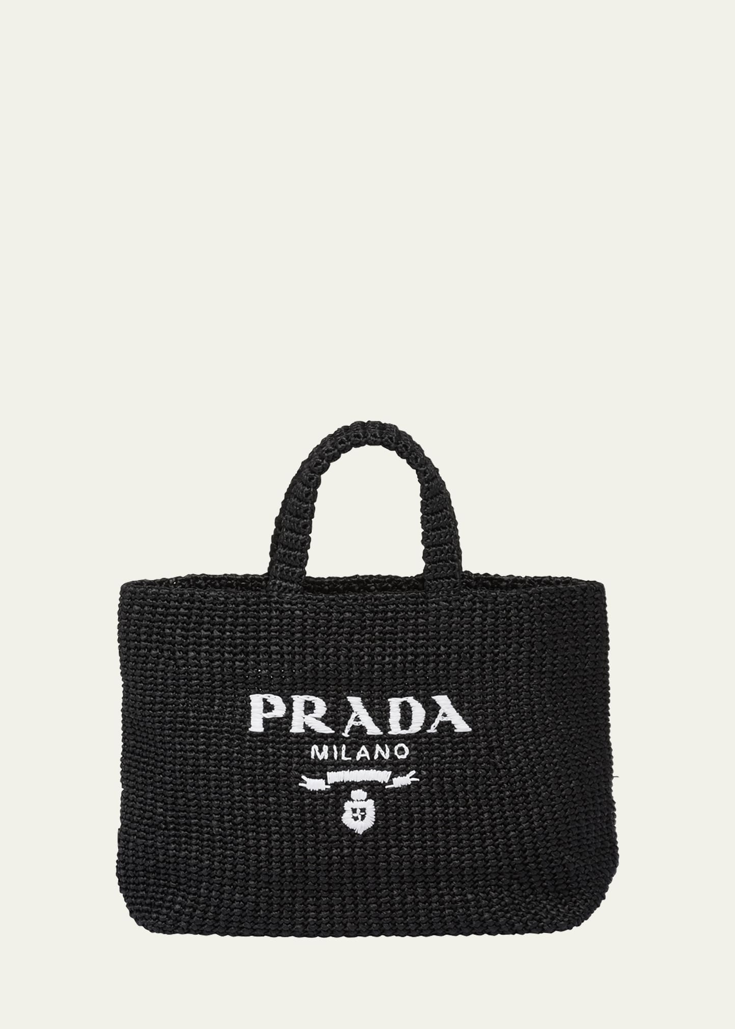 Prada Logo Striped Raffia Shoulder Bag In F0002 Nero