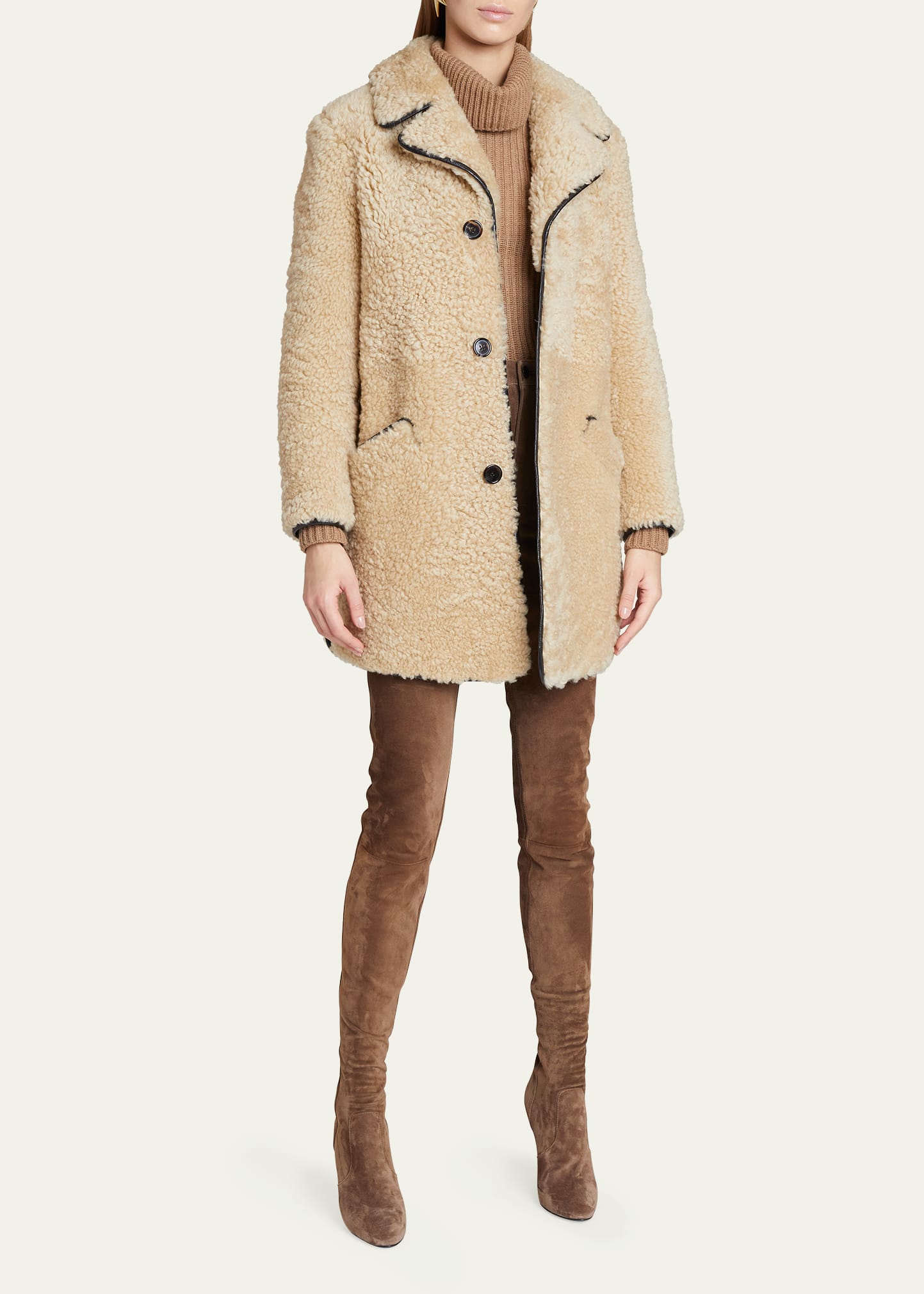 Shearling 3-Button Coat w/ Leather Trim