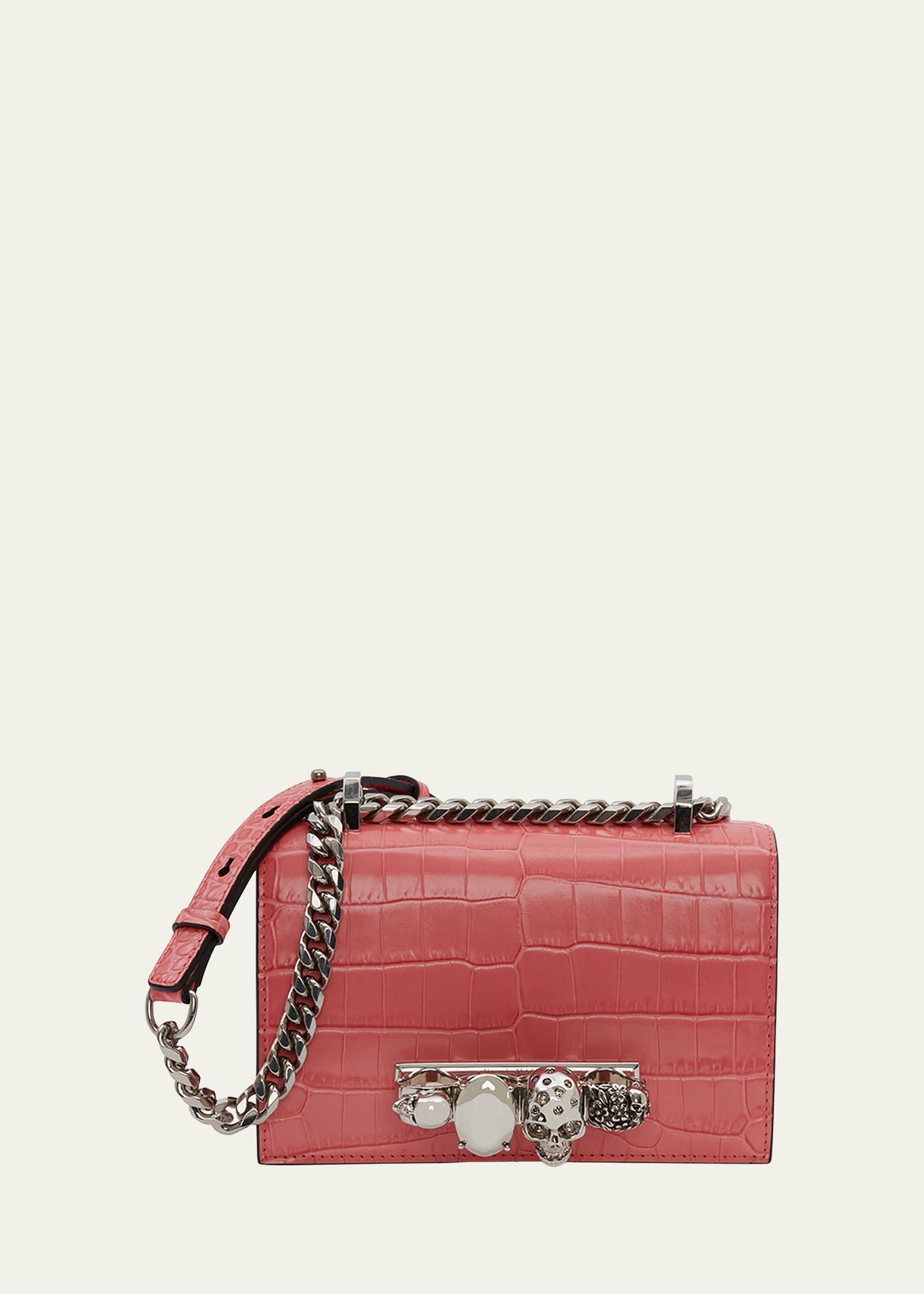 Alexander Mcqueen Jeweled Mini Mock-croc Satchel Bag In Coral