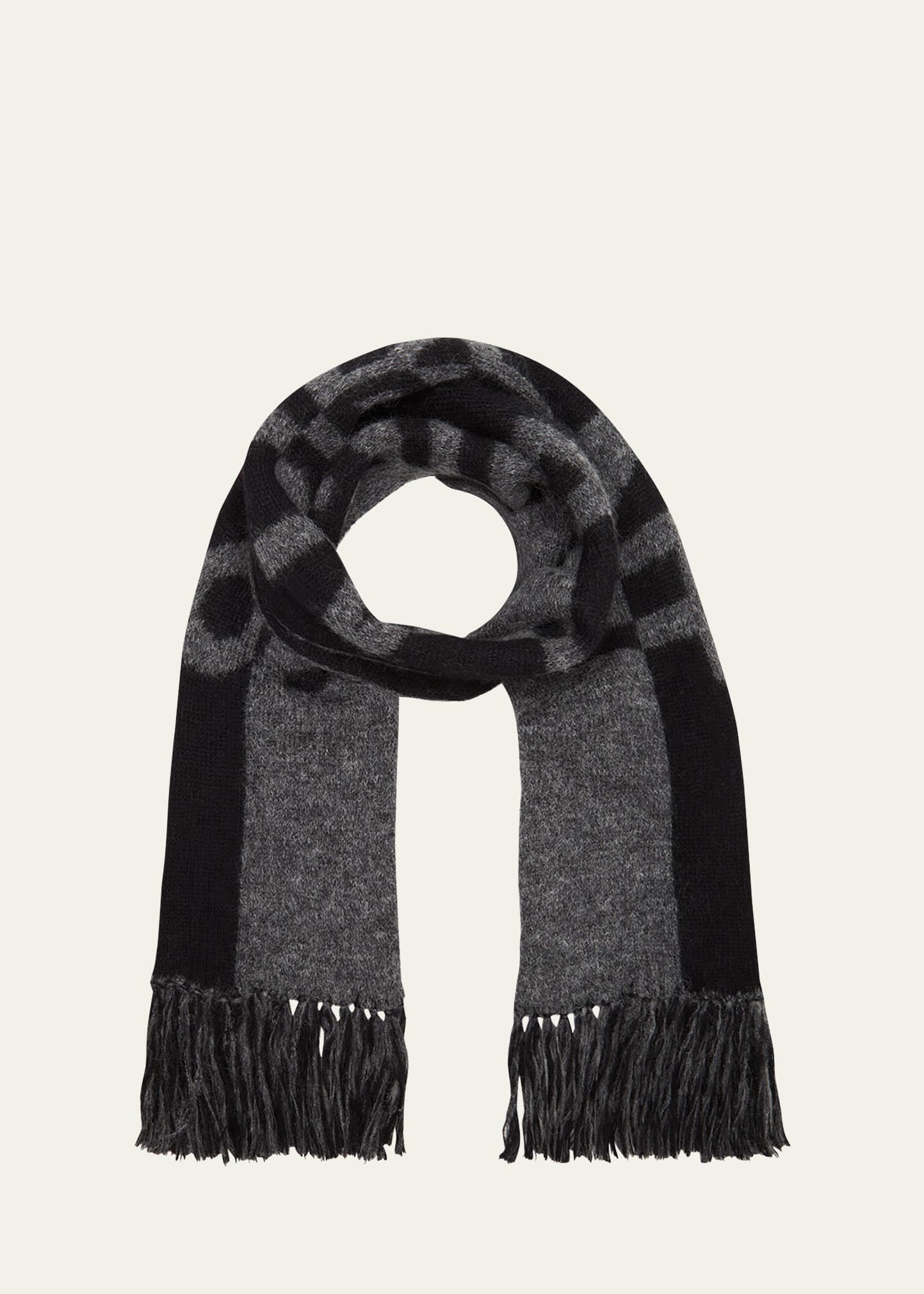 Shop Saint Laurent Split Logo Fringe Wool Scarf In Black / Dark Grey