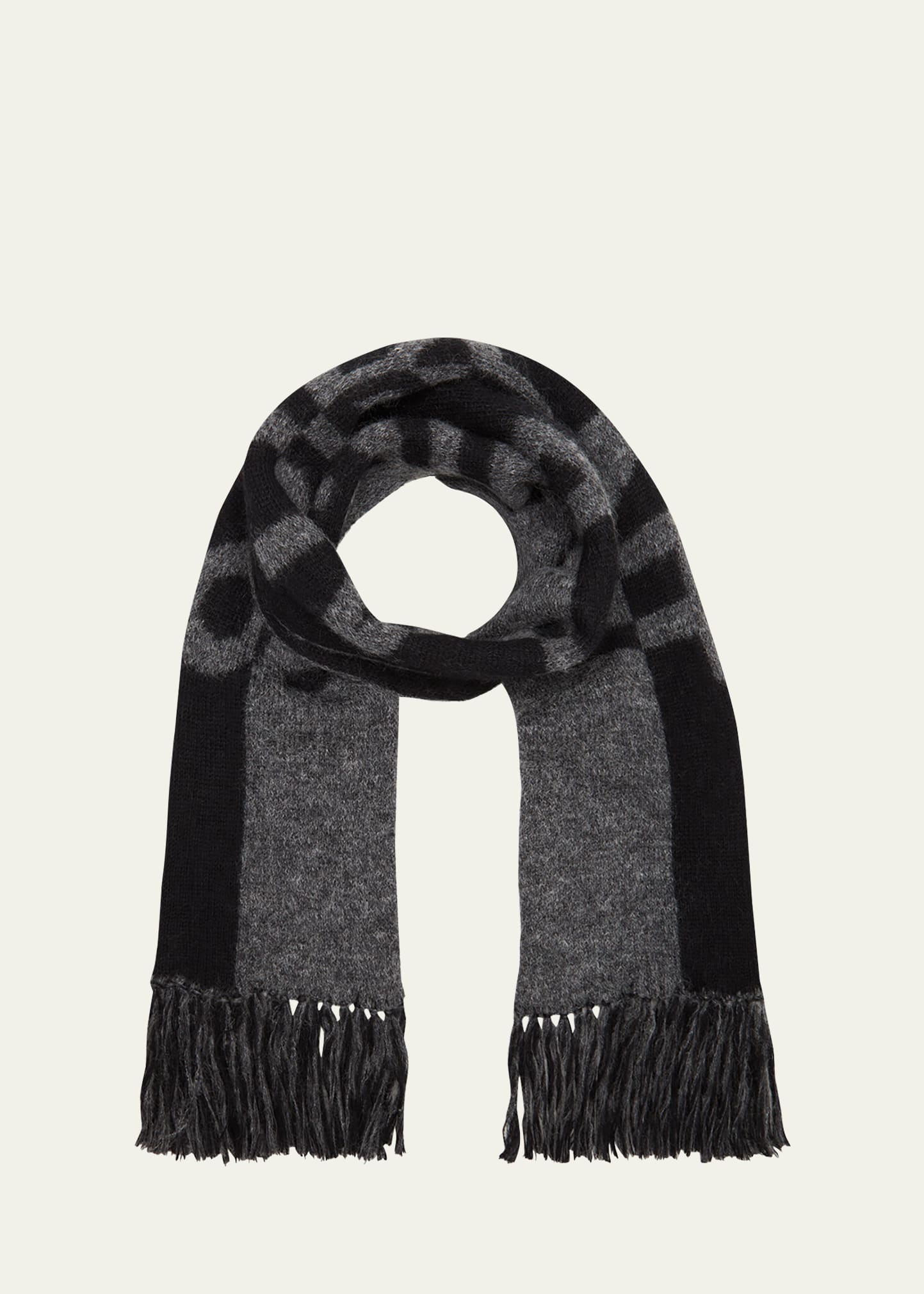 Saint Laurent Split Logo Fringe Wool Scarf In Black / Dark Grey