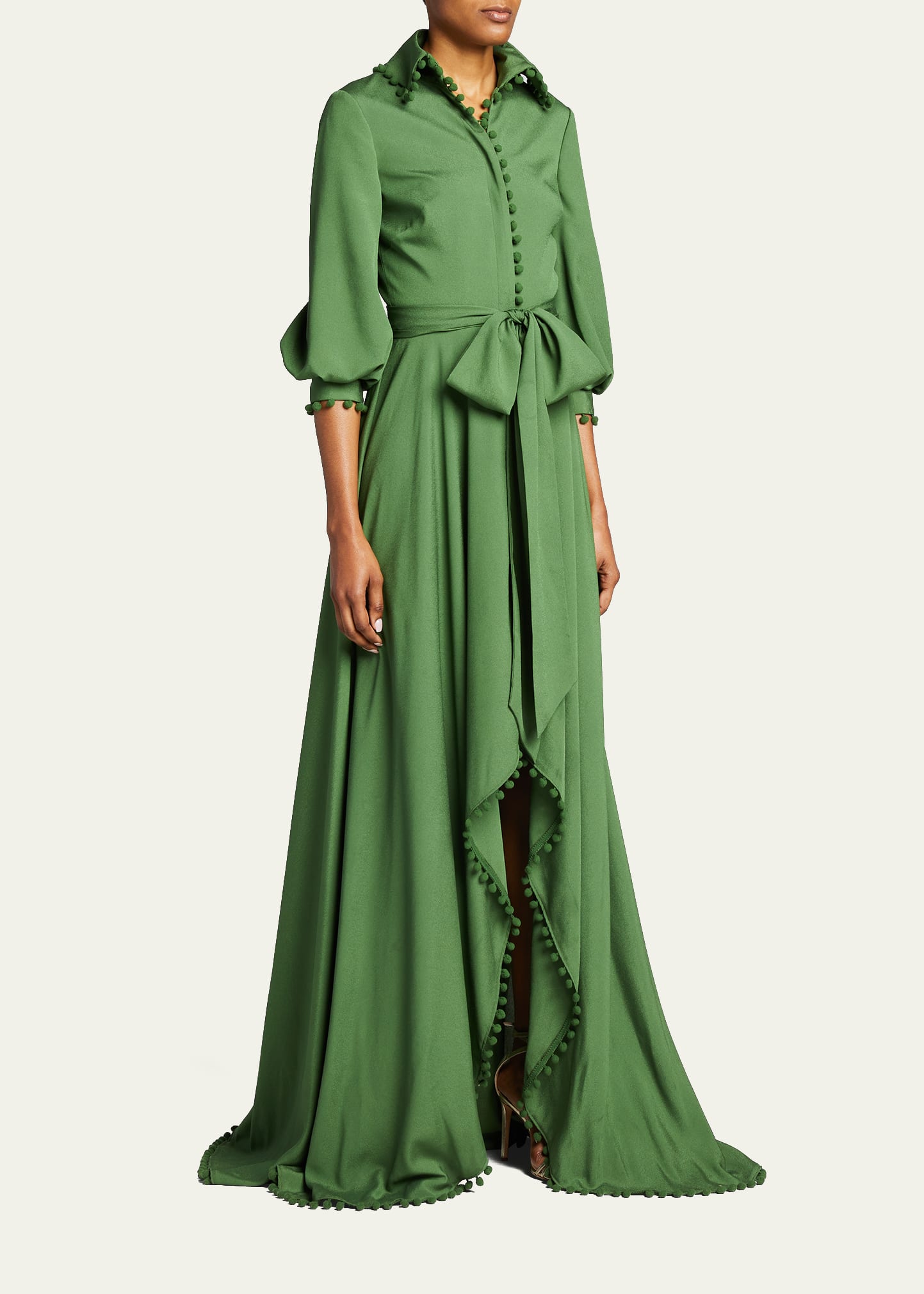 Badgley Mischka Collection Pompom-Trim High-Low Shirtdress Gown