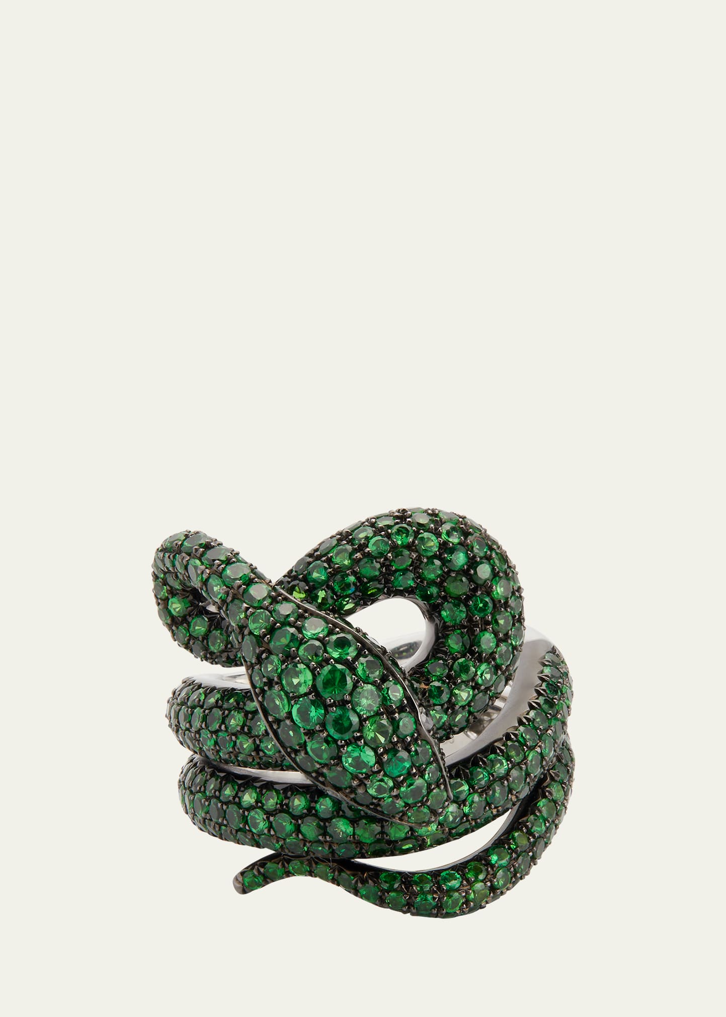 18k White Gold Green Ring from the Snake Collection, Size 7