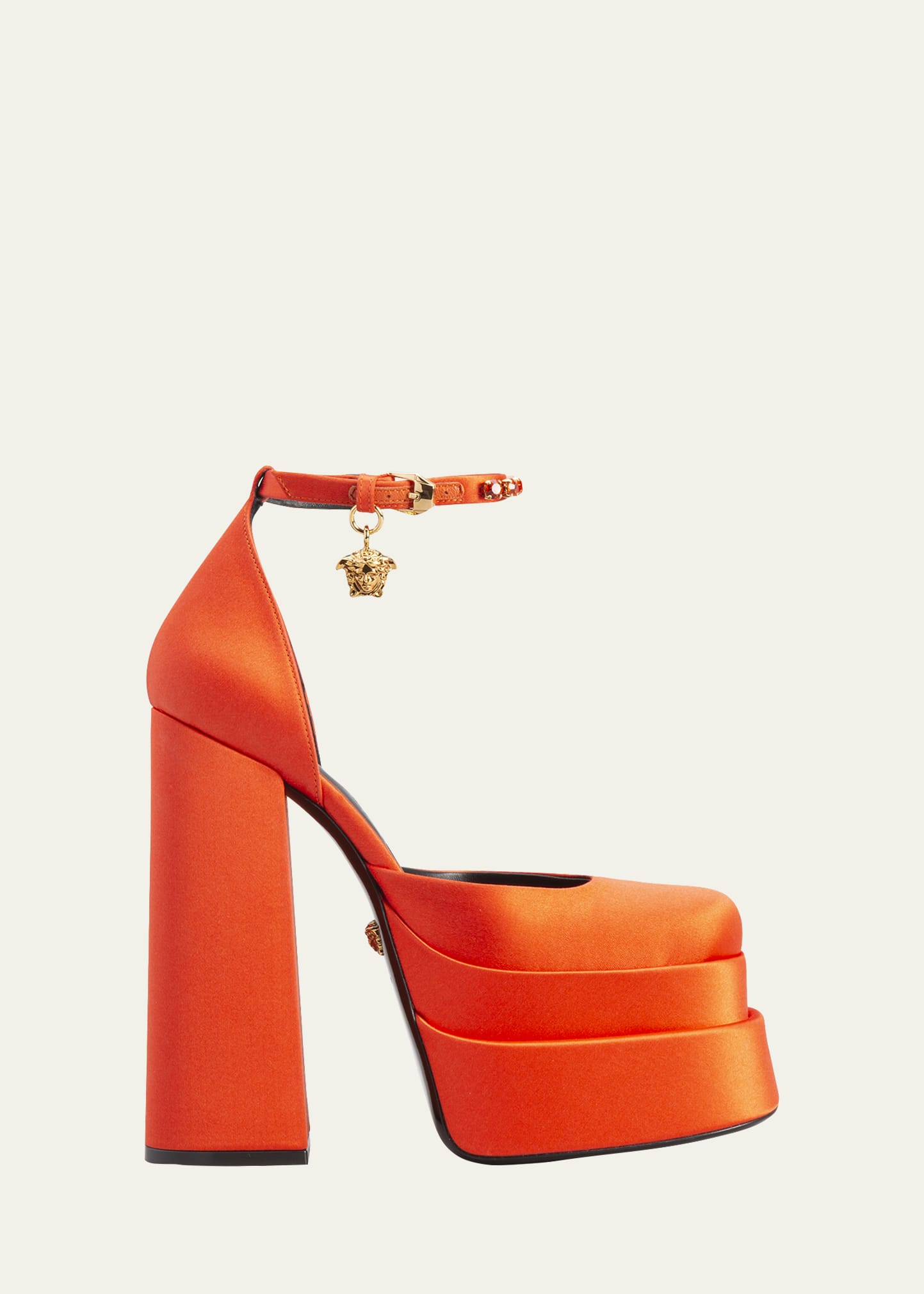 Versace 155mm La Medusa Platform Satin Mary Janes In Neon Orange