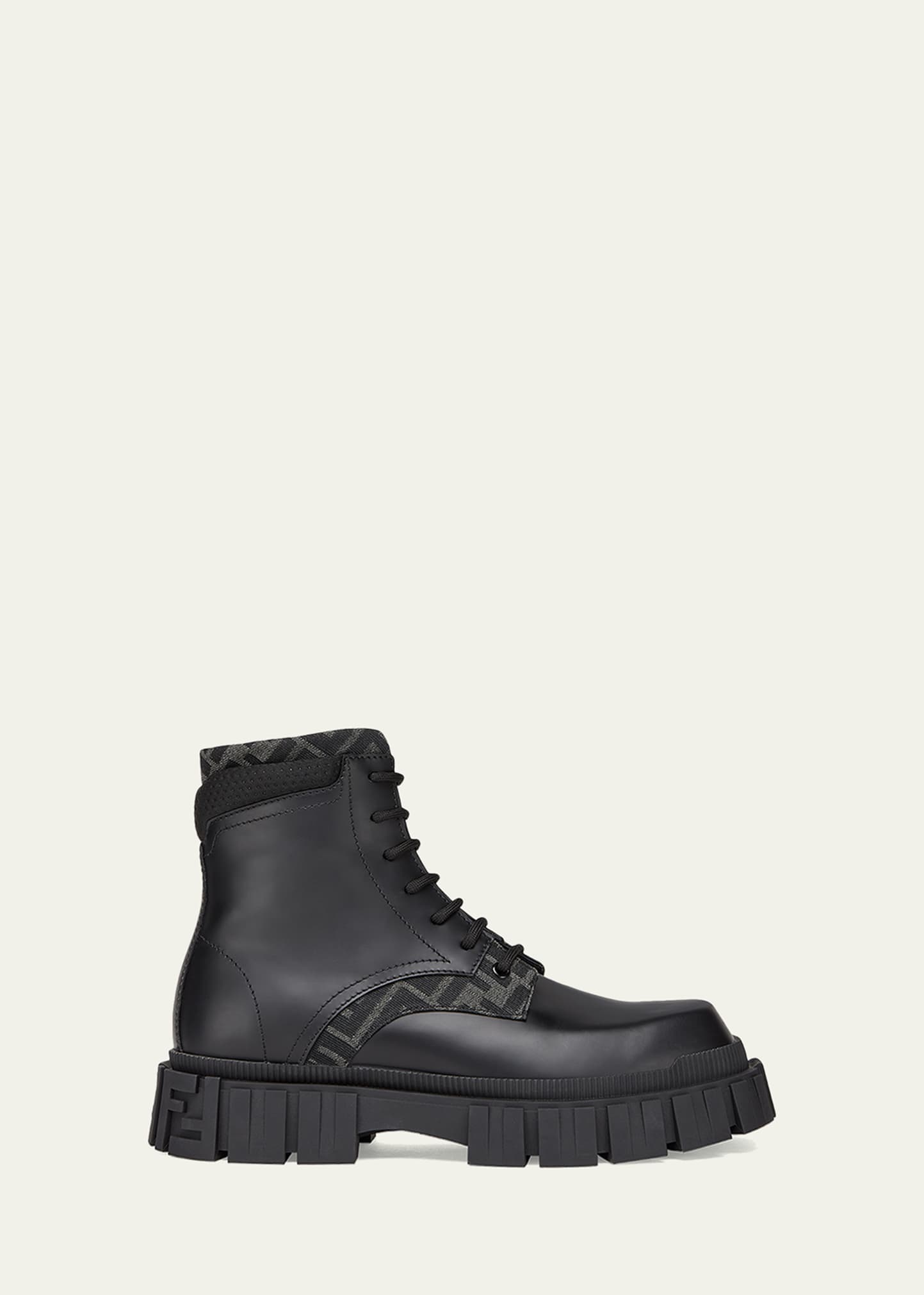 Shop Fendi Men's Force Ff Leather Lug-sole Combat Boots In Black/grey