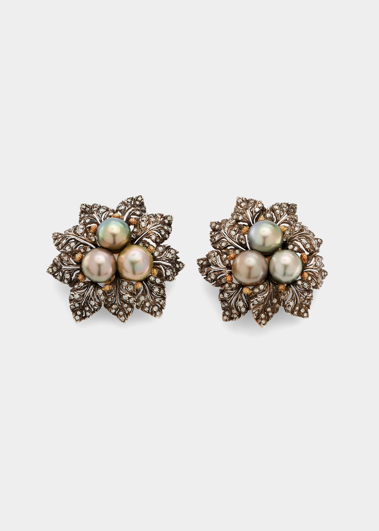One-of-a-Kind Yellow Gold and Silver Earrings with Rose-Cut Diamonds and 10mm Tahitian Pearls