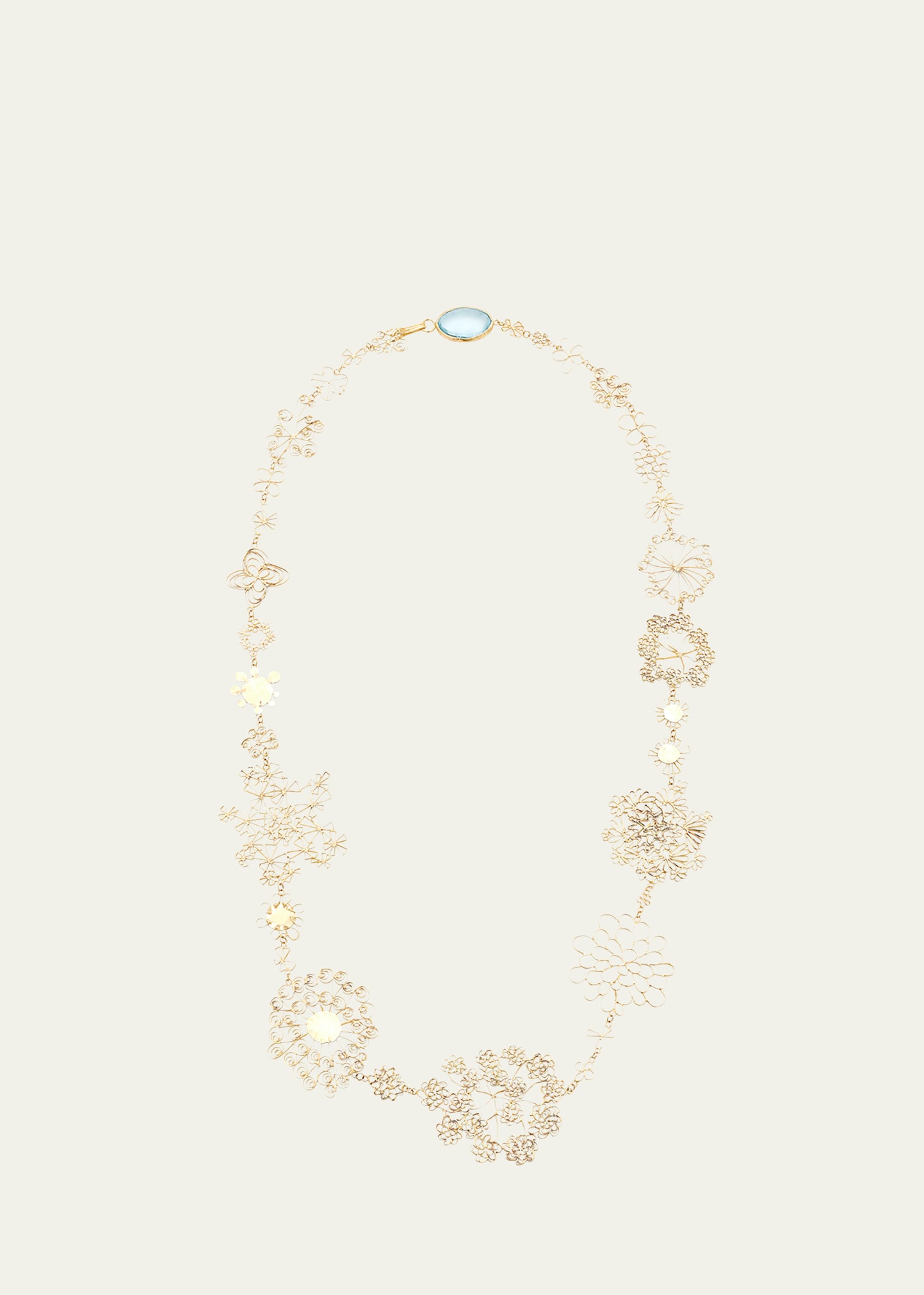 JUDY GEIB Long Fine Flowery Necklace with Aquamarine Cabochon Clasp