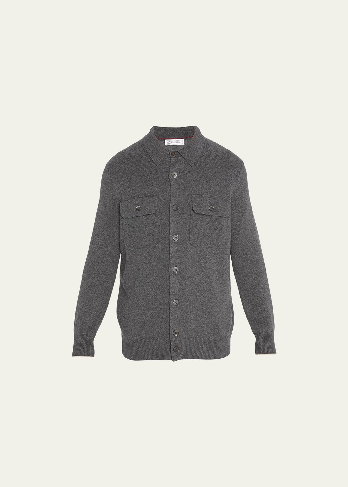 Shop Brunello Cucinelli Men's Shirt-collar Button Sweater In Dark Grey