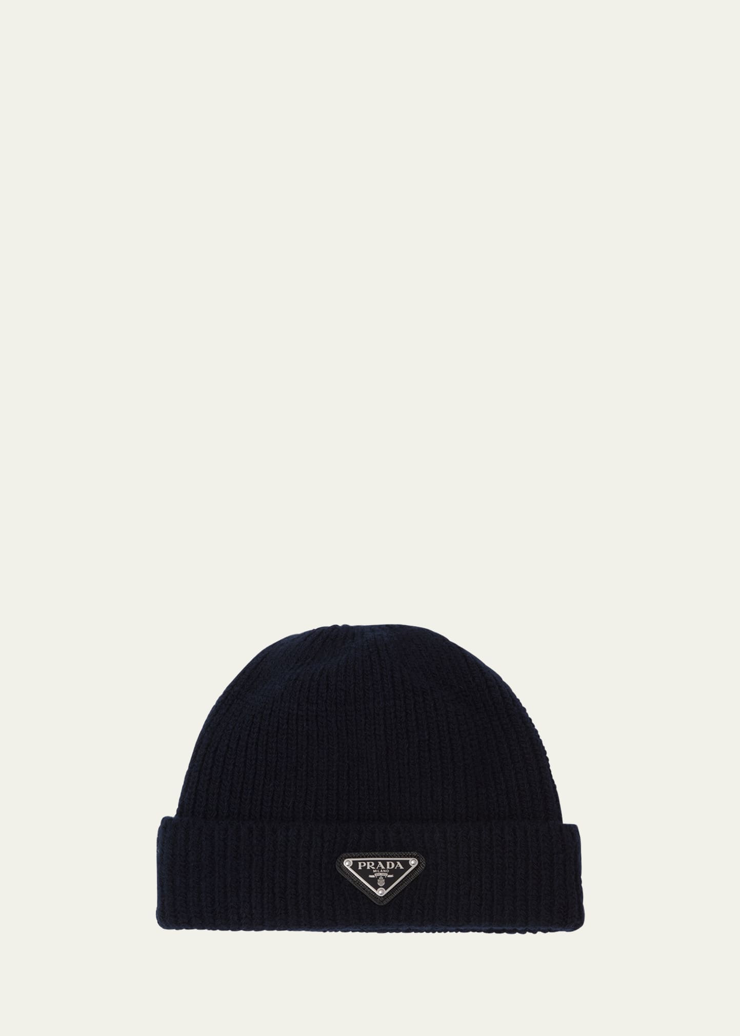 PRADA MEN'S WOOL-CASHMERE RIBBED BEANIE HAT WITH SYMBOLE