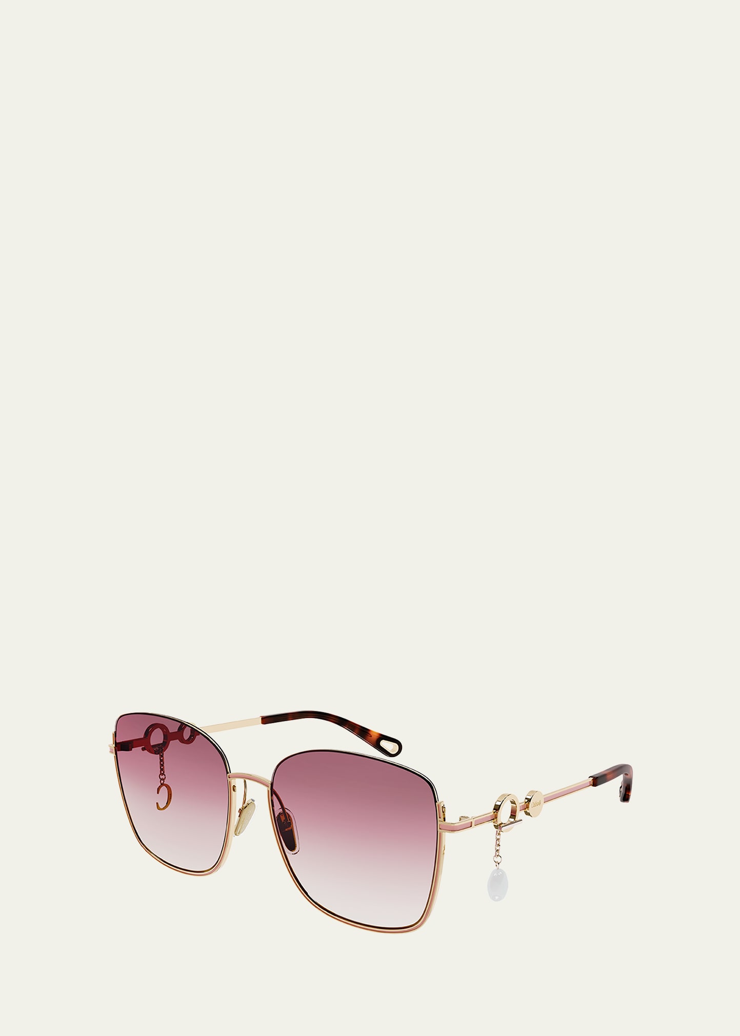 Chloé Semi-rimless Square Metal Sunglasses W/ Detachable Charms In Gold / Pink