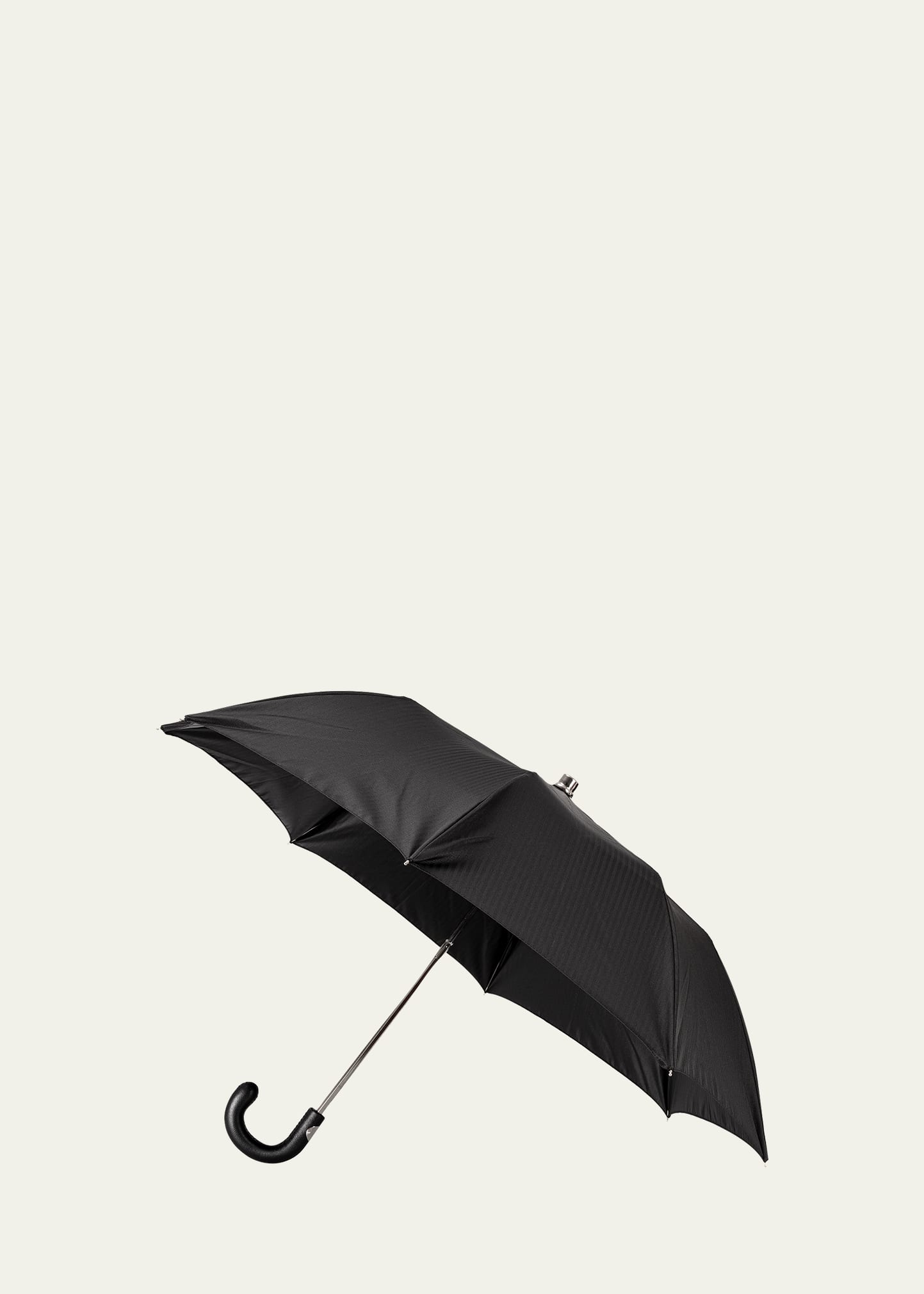 Bergdorf Goodman Men's Herringbone Folding Umbrella W/ Leather Handle In Black