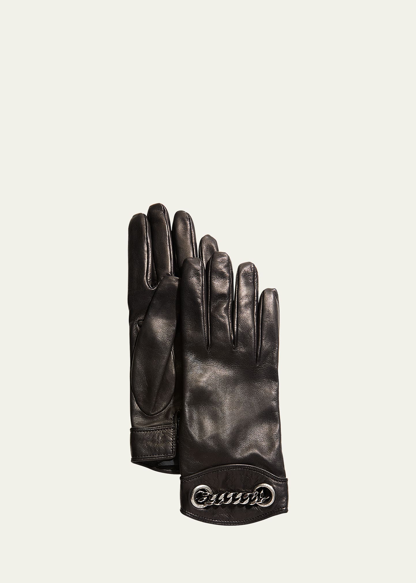 Shop Saint Laurent Chain Leather Gloves In Black / Silver