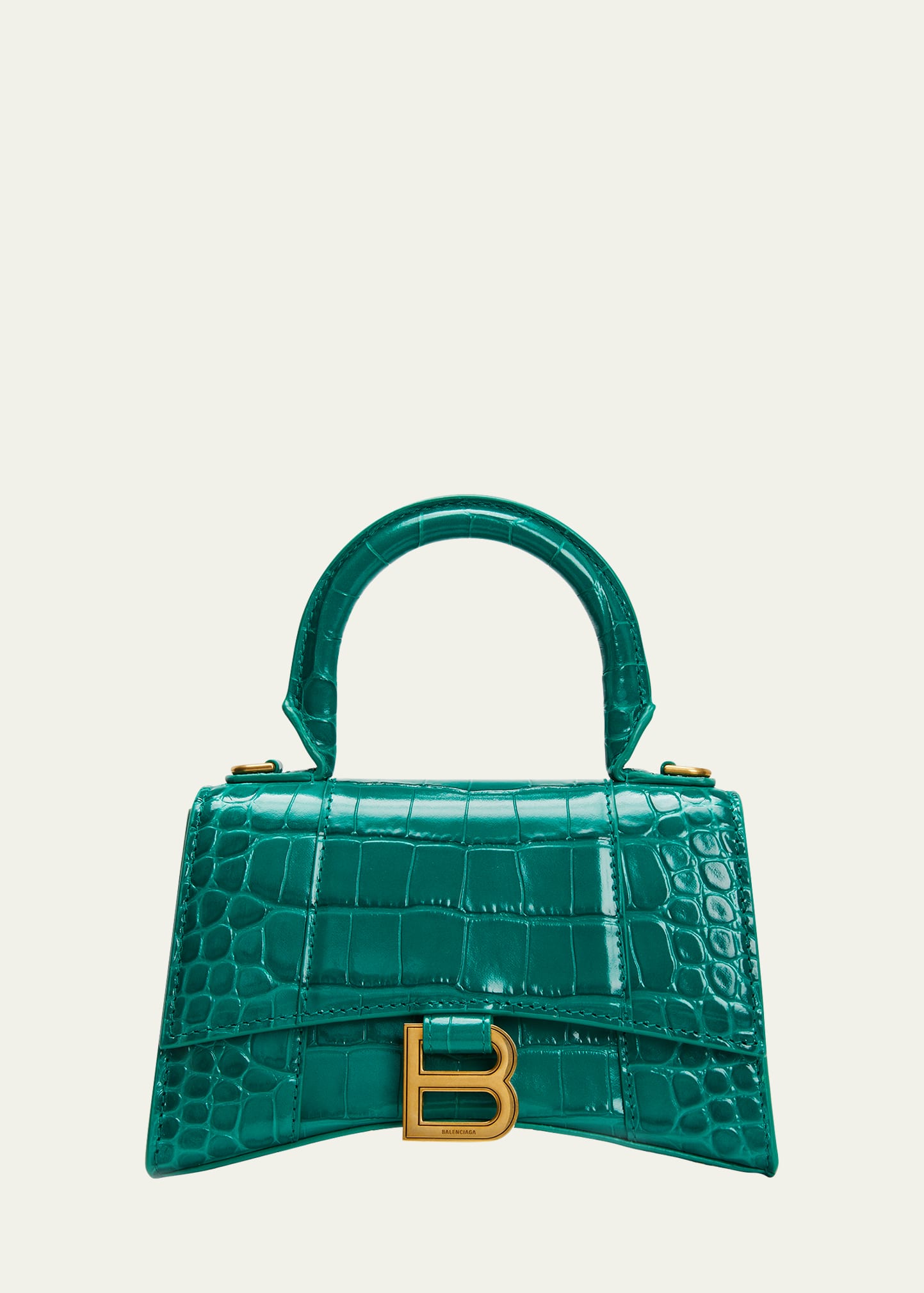Balenciaga Xs Hourglass Croc-embossed Leather Top Handle Bag In Jade