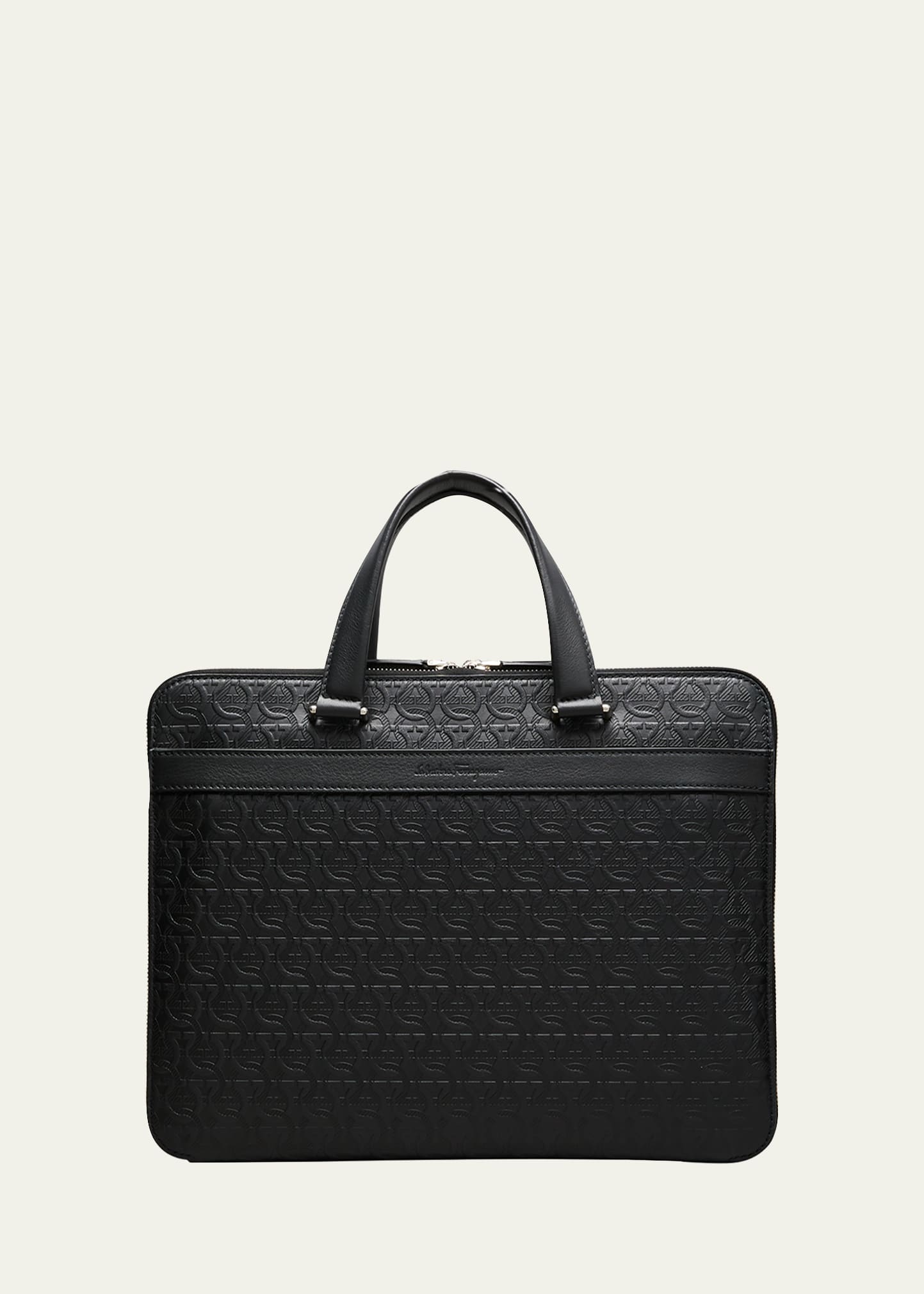 Shop Ferragamo Men's Leather Gancini Business Briefcase In Nero