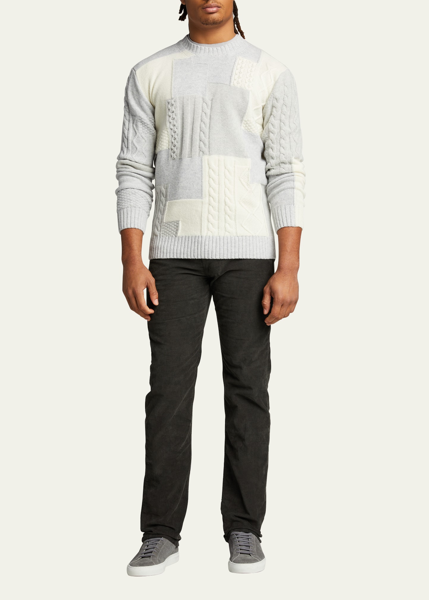 B. x Country of Origin Men's Wool Patchwork Sweater, Light Gray/Ivory/Gray