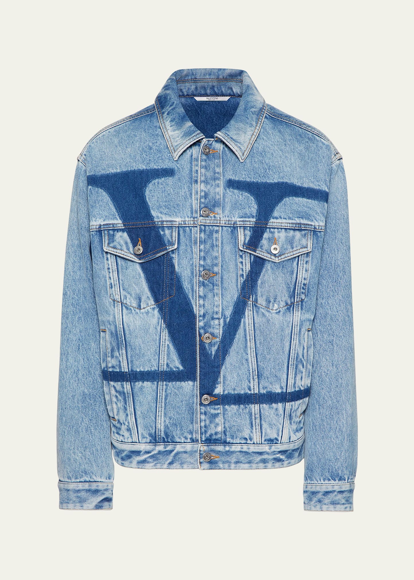 Valentino Men's Circle V Oversized Denim Trucker Jacket In Blue