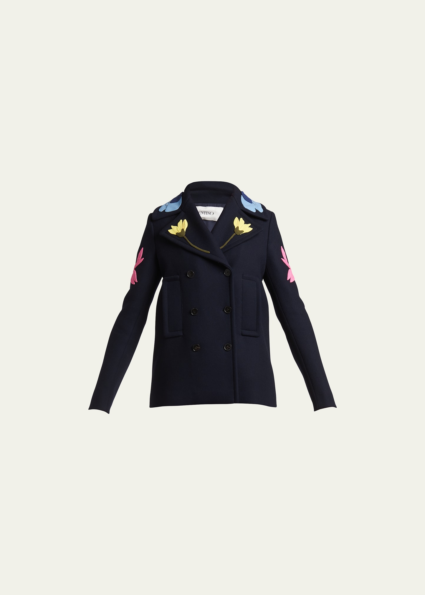 Floral Applique Double-Breasted Pea Coat