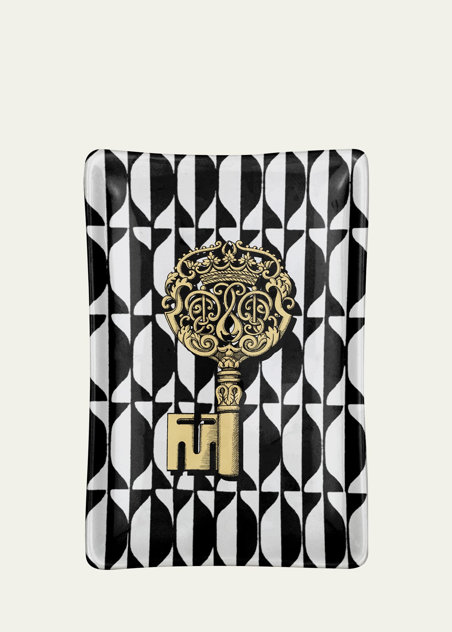 Fornasetti Rectangular Ashtray Chiavi Gold & Losanghe In Black/white