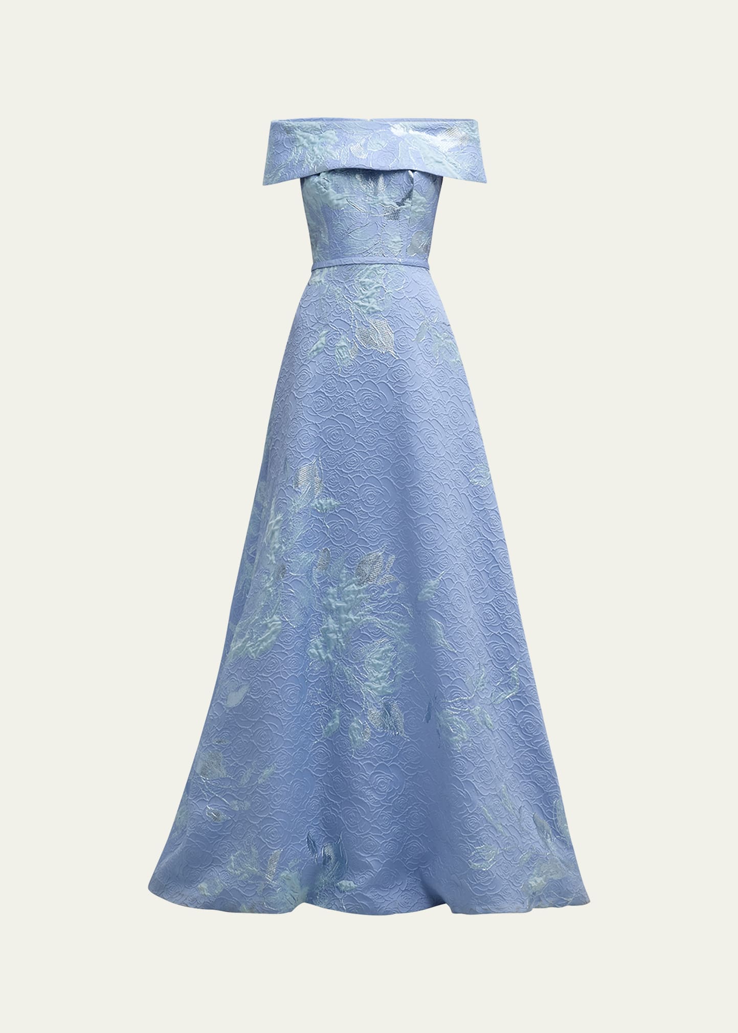 Rickie Freeman For Teri Jon Off-shoulder Metallic Flower Jacquard Gown In Peri Mul