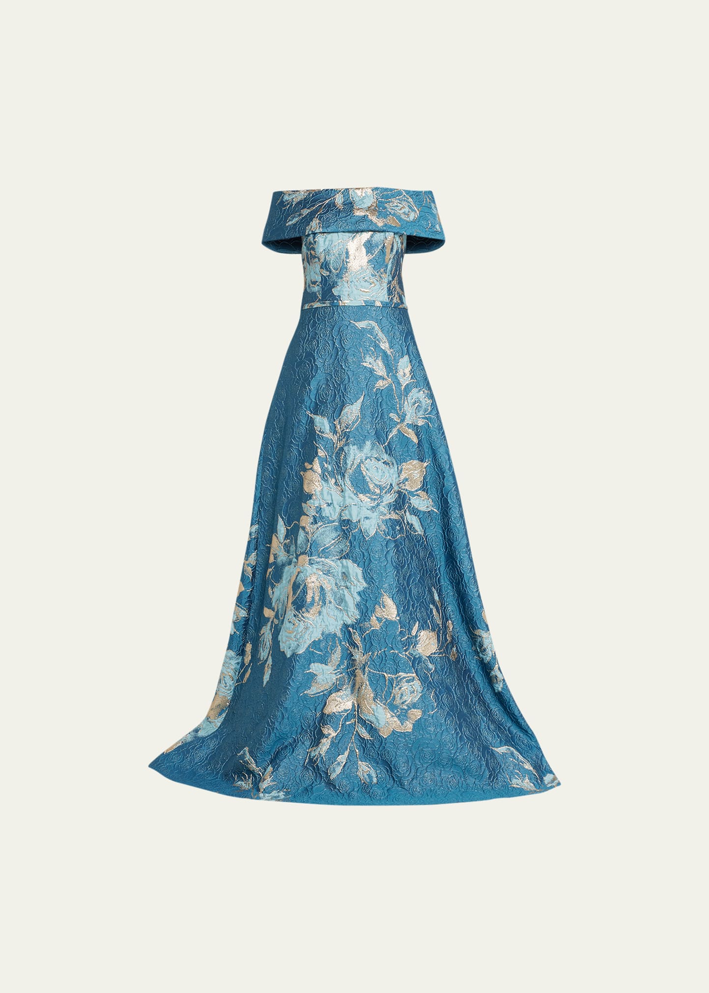 Rickie Freeman For Teri Jon Off-shoulder Metallic Flower Jacquard Gown In Peacock Go