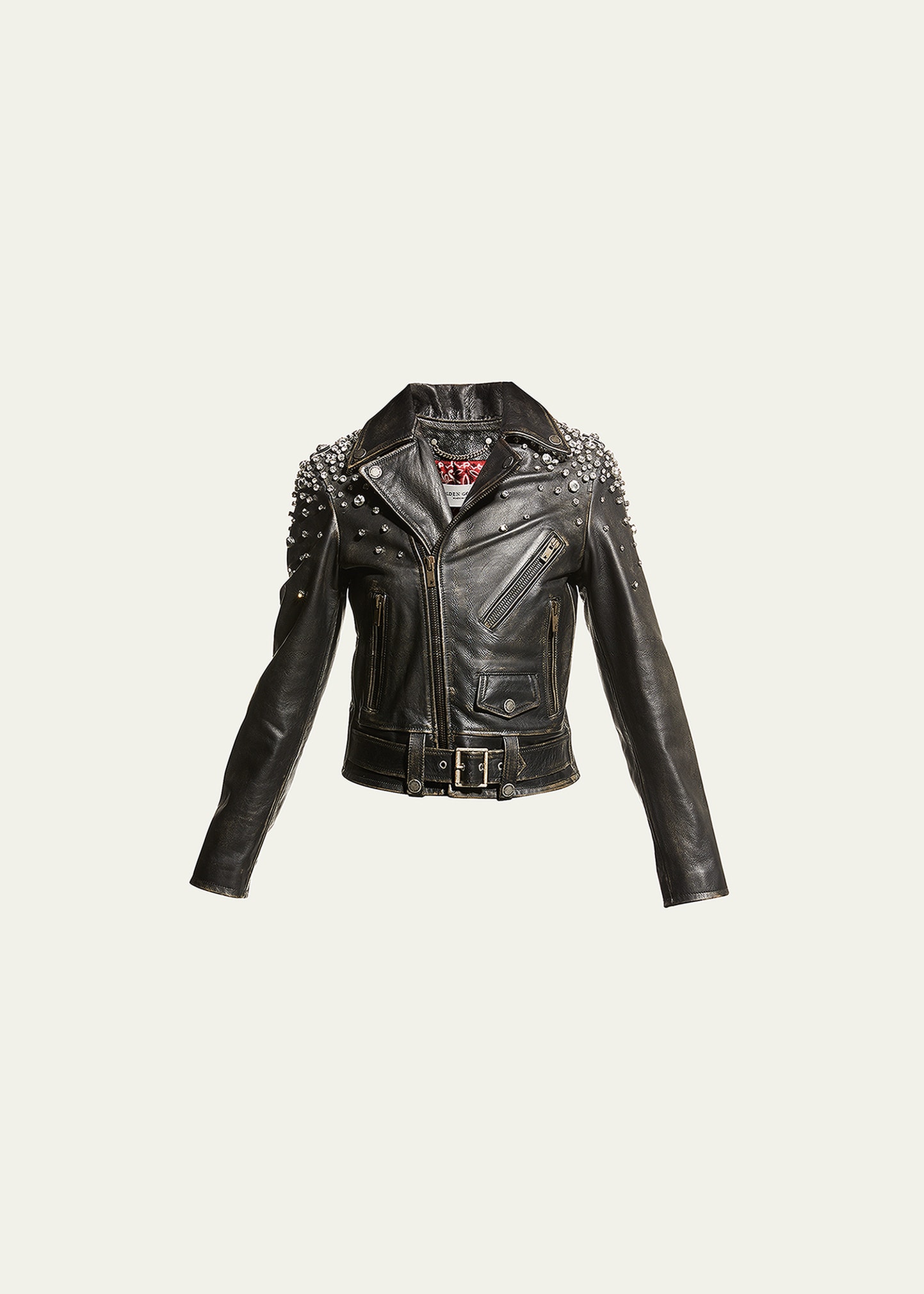 Shop Golden Goose Golden Distressed Leather Jacket With Crystals In Black