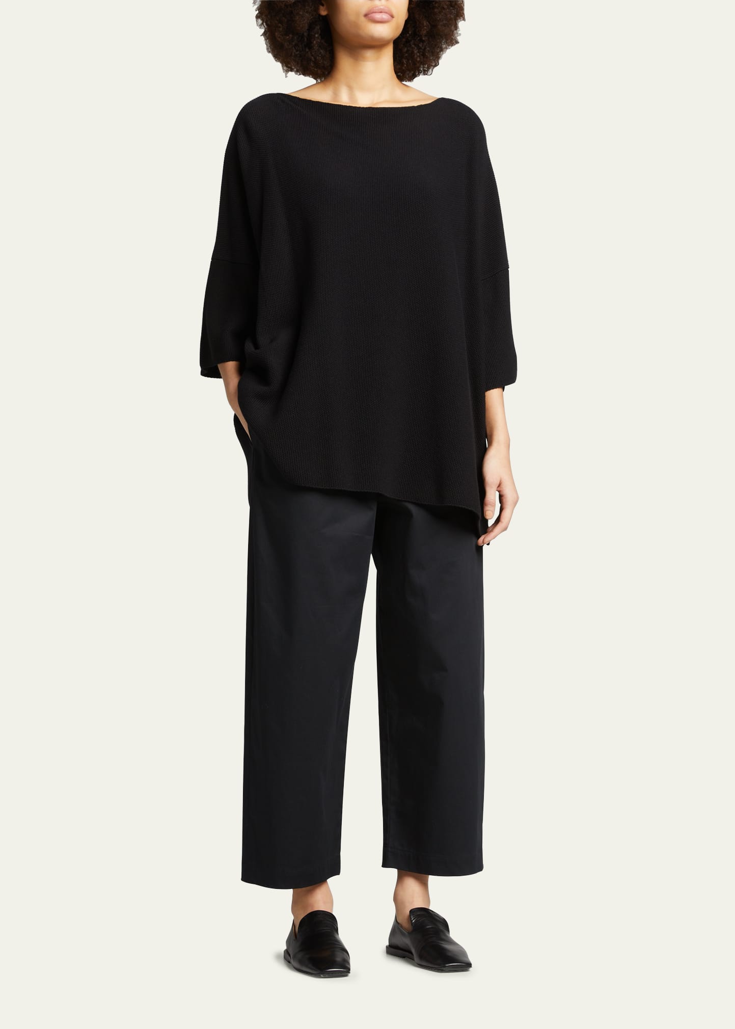 Eskandar Square 3/4-sleeve Knitted Moss-stitch Tunic Top (long Length) In Black
