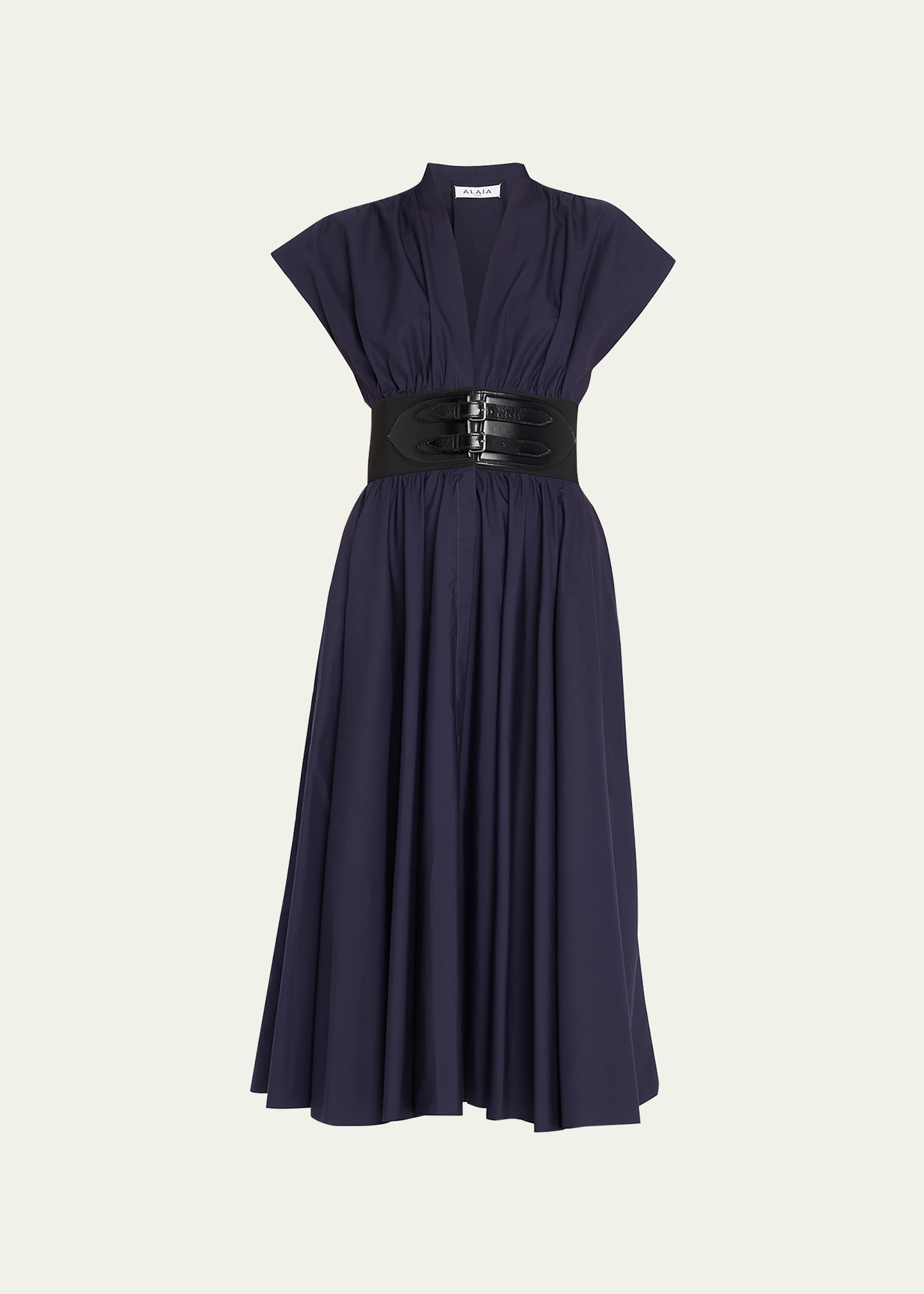 ALAÏA POPLIN V-NECK MIDI DRESS