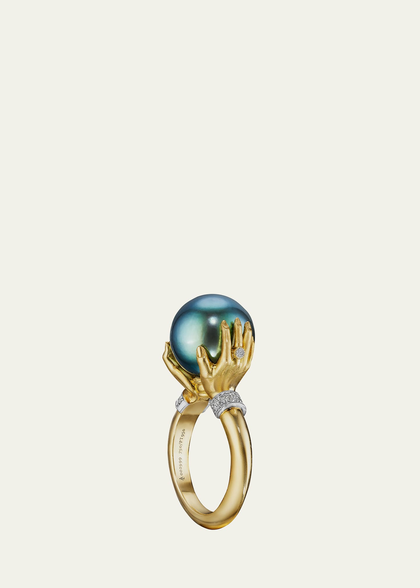 Anthony Lent Tahitian Pearl Adorned Hands Ring in 18k Yellow Gold