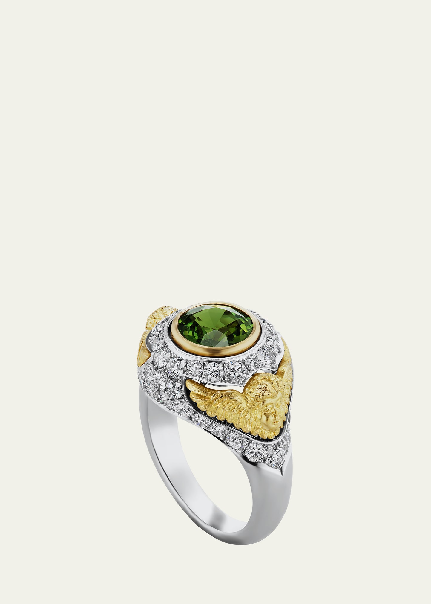Green Sapphire Pavé Putti Ring with Diamonds, Gold and Platinum