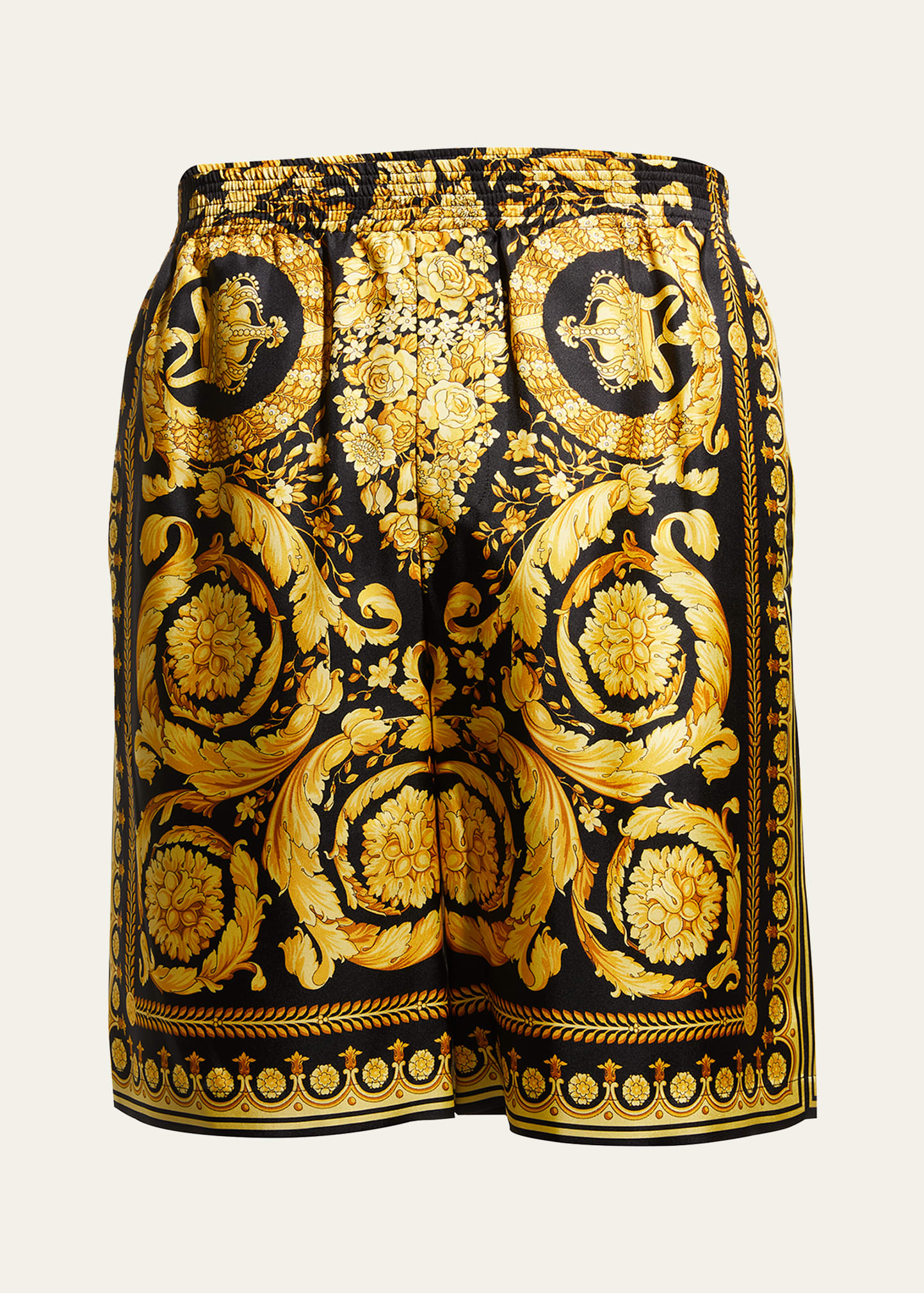 Shop Versace Men's Silk Barocco Shorts In Black/gold